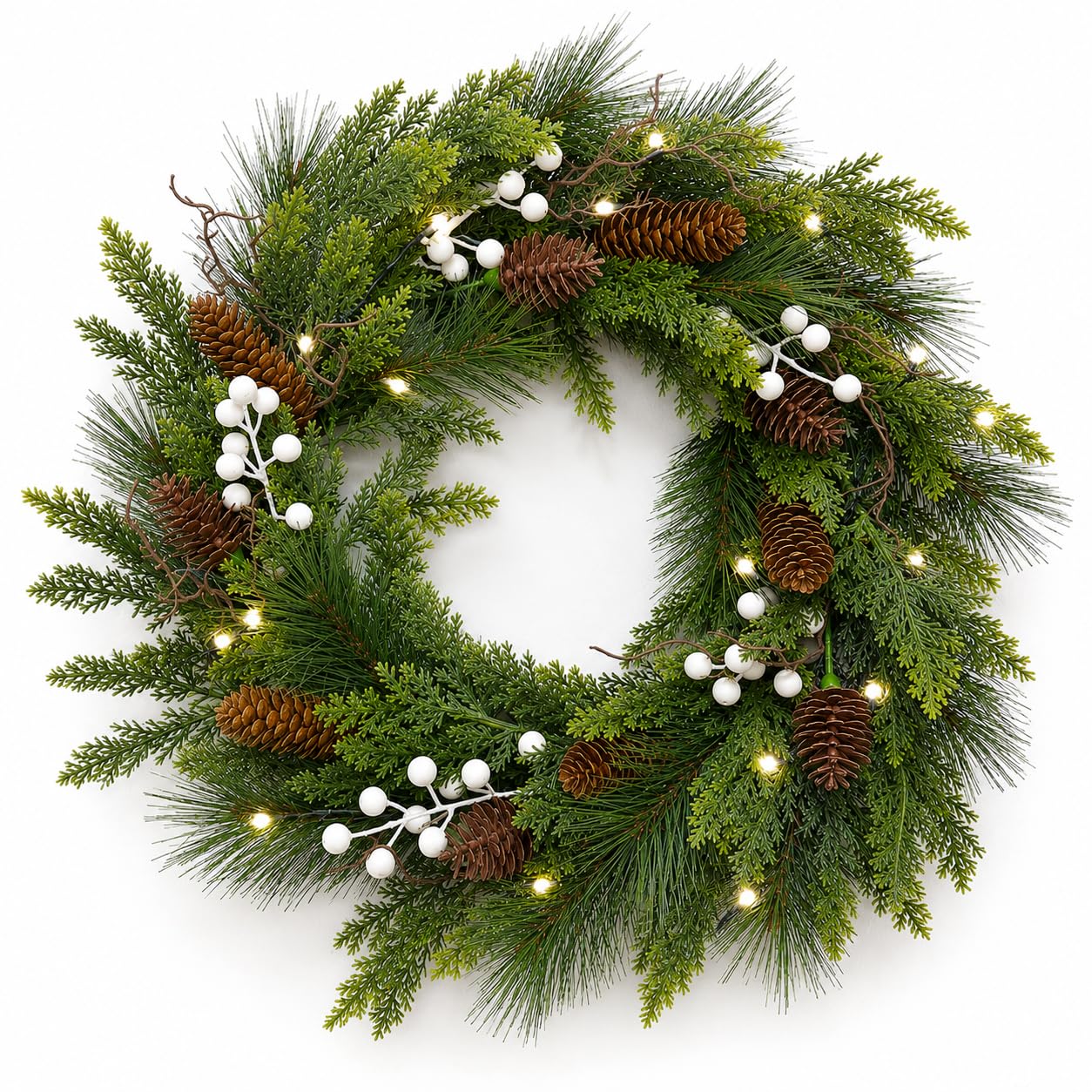 24" Pre-Lit Christmas Wreath for Front Door, Artificial Cedar Wreath