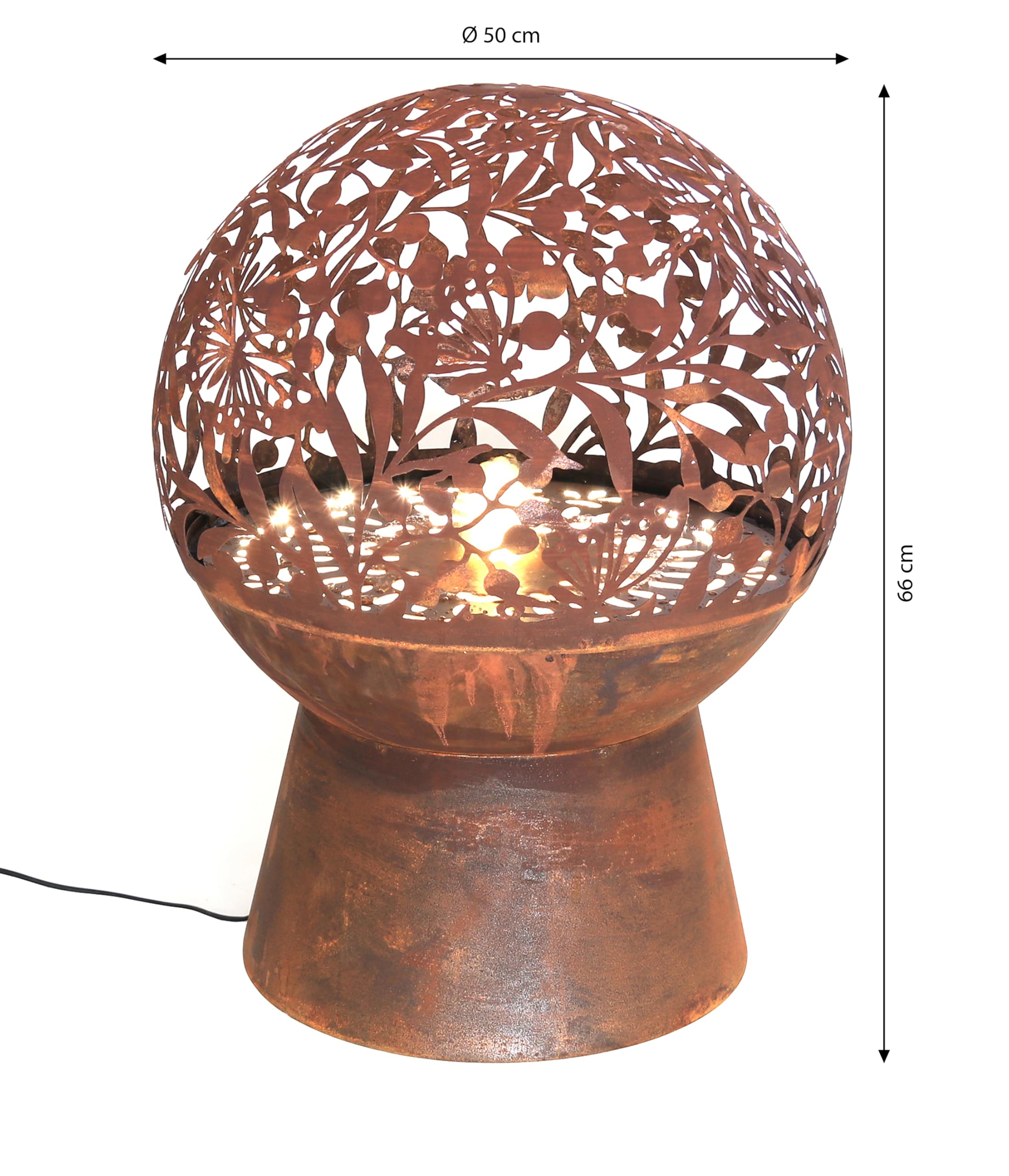 Dehner Gartenbrunnen Floral, frostbeständiger Brunnen für Außen, Komplett-Set mit warmweißer LED Beleuchtung/Pumpe/Trafo, Höhe 66 cm, Ø 50 cm, Cortenstahl, Kupfer-Farben
