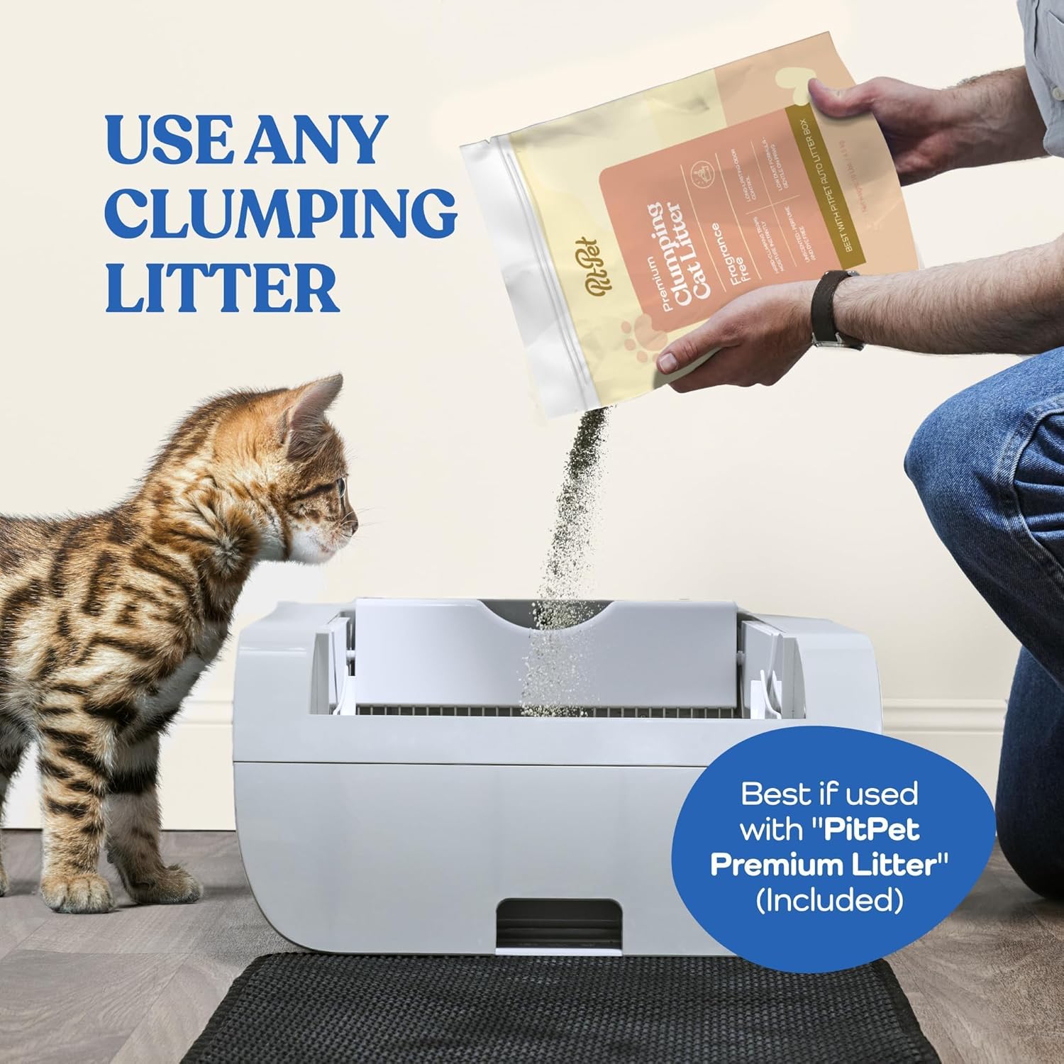A person pouring clumping cat litter into the Hotpzeddaque Self-Cleaning Cat Litter Box.