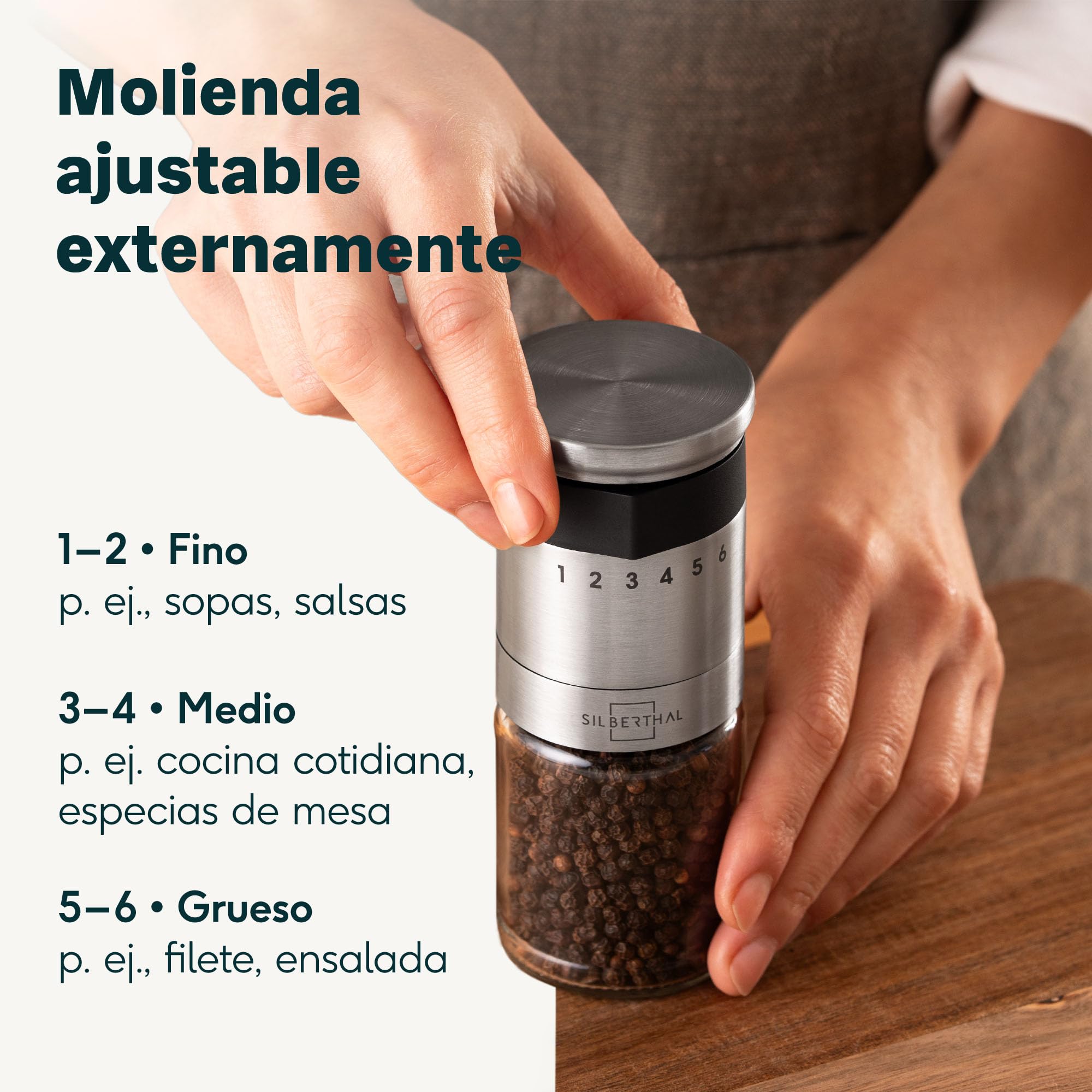 SILBERTHAL Molinillo de pimienta y sal - Ajustable a 6 niveles - Muela cerámica - Tapa hermética y cristal apto para lavavajillas