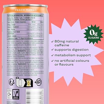 Bloom Nutrition Sparkling Energy Drink Peach Mango 250ml (12 Pack) | Zero Sugar Energy Drink with 80mg Natural Caffeine, Vitamins C, B3 & B5 | Low Calorie and Multivitamin Energy Drink