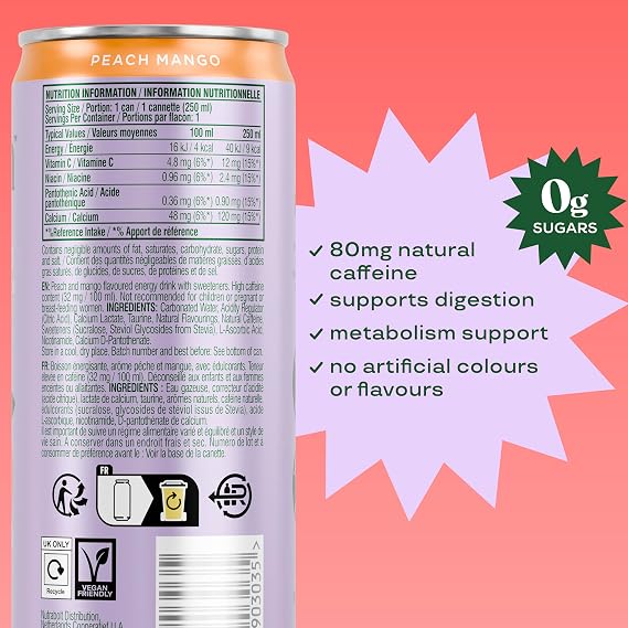 Bloom Nutrition Sparkling Energy Drink Peach Mango 250ml (12 Pack) | Zero Sugar Energy Drink with 80mg Natural Caffeine, Vitamins C, B3 & B5 | Low Calorie and Multivitamin Energy Drink