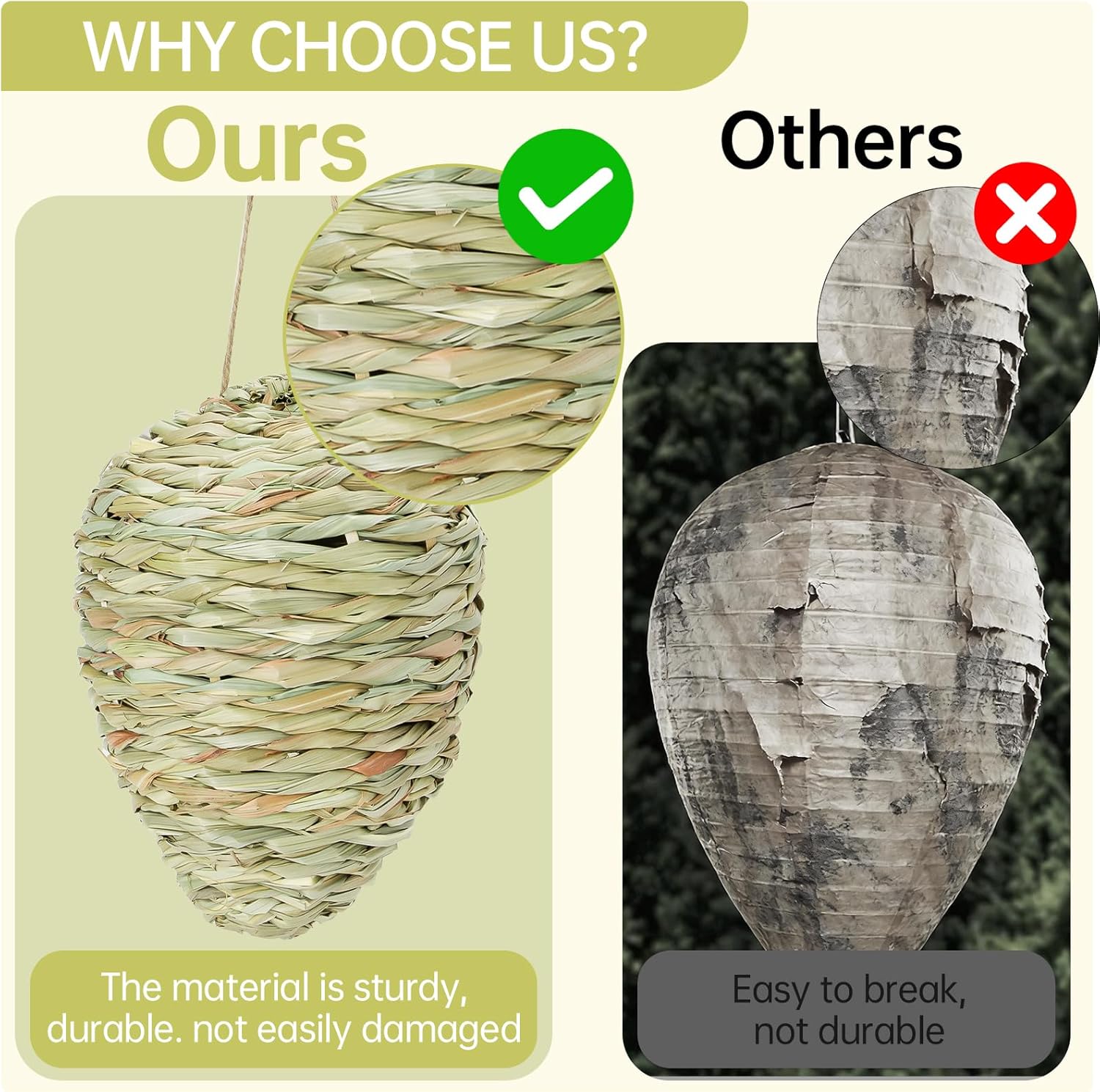 2 Pack Reed Woven Wasp Nest Decoy, 10In Waterproof Hanging Fake Hornet Nests, Artificial Bee Hive Decoy for Garden, Patio, Yard and Outdoor Eaves Protection