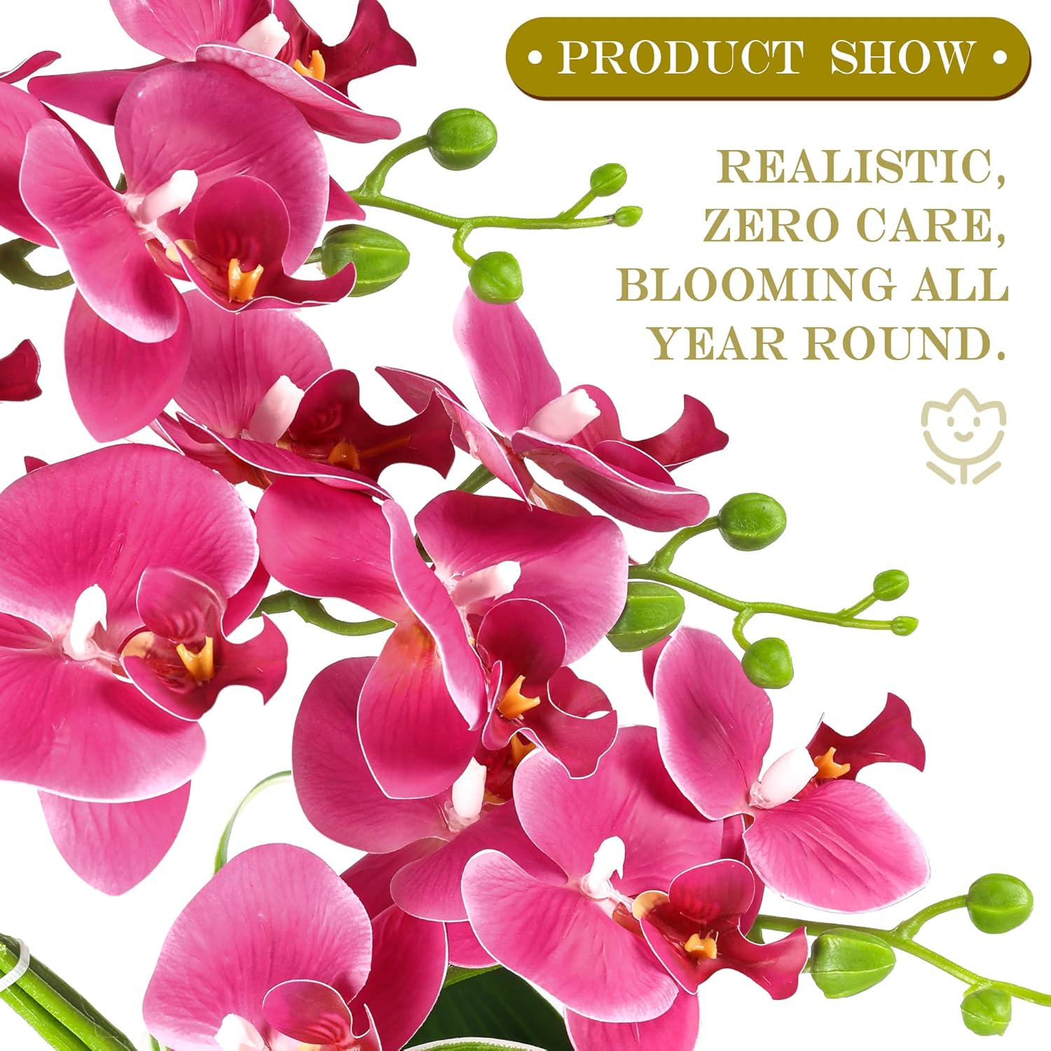 Orchids Artificial Flowers, Fake Orchid Plants & Flowers in Vase, Faux Orchid in Pot for Home Decor Indoor, Fuchsia Artificial Flowers with Gold Vase