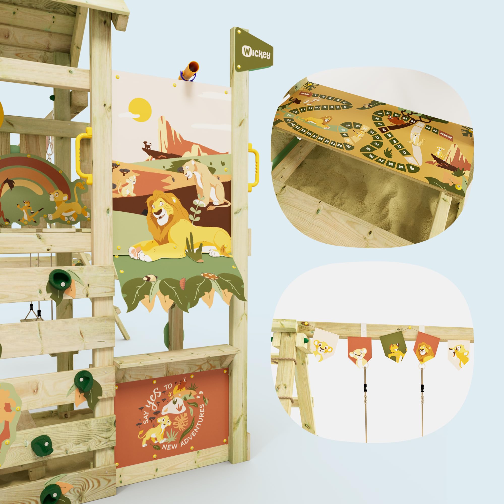 Disney's Il Re Leone Story Gioco da giardino di Wickey - Telaio per arrampicata, torre per arrampicata, giochi da giardino per bambini - parco giochi da giardino in legno per esterni con sabbiera