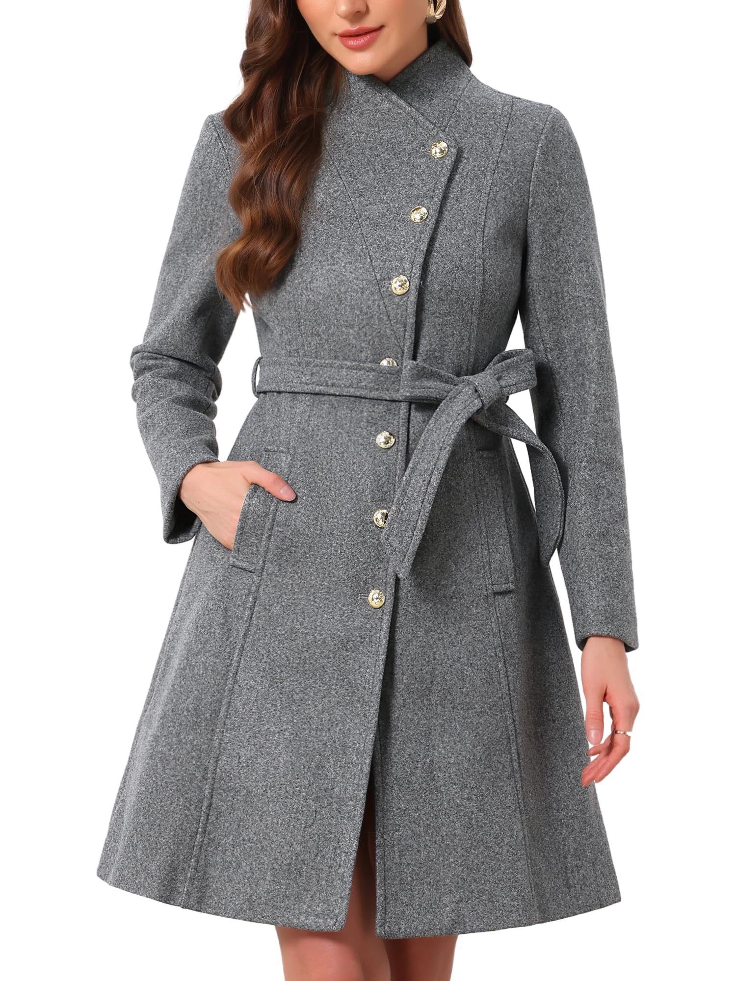Allegra K Womens Pea Coats Long Winter Stand Collar Belted Trench Coat 2026