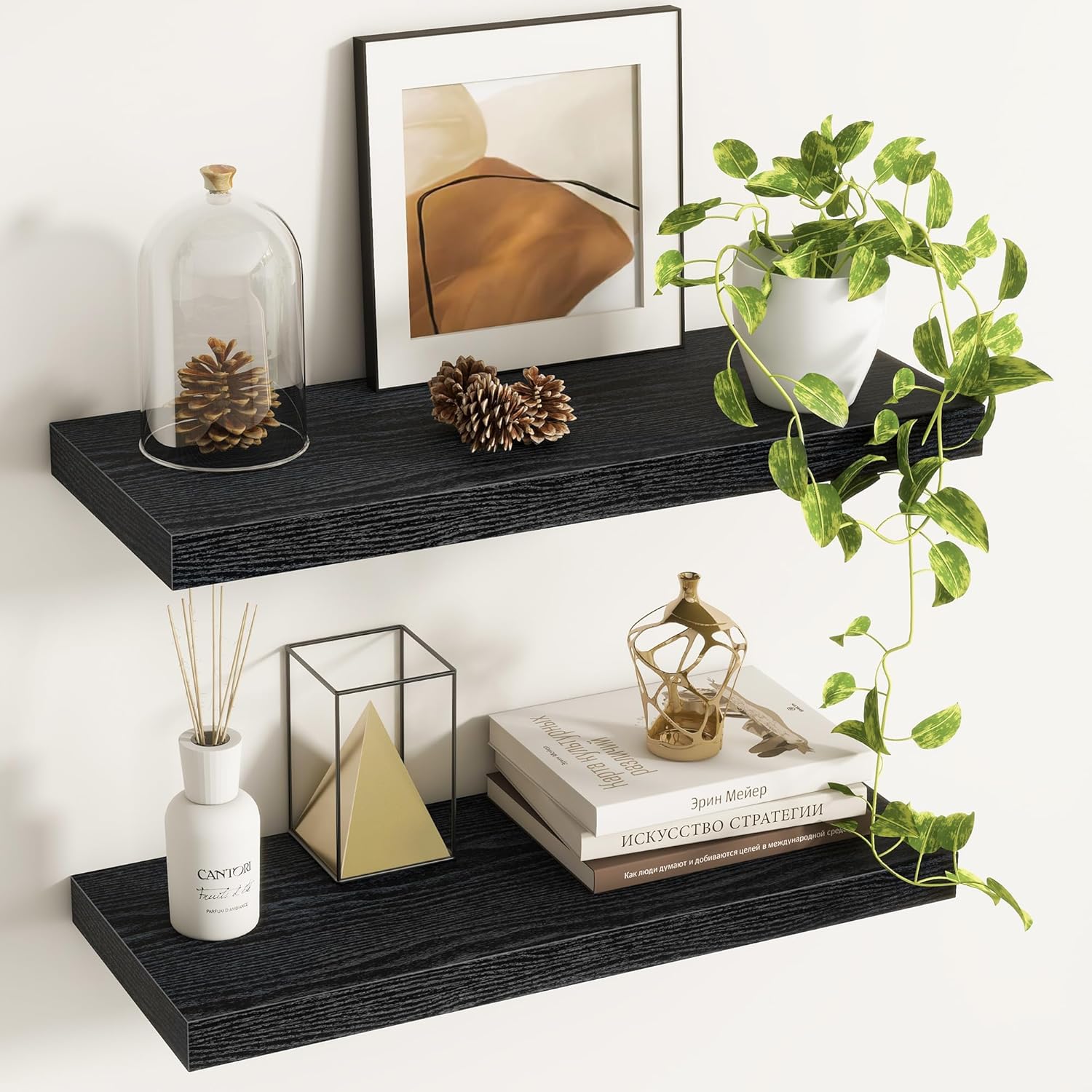 Floating Shelves - 2 Pack 9 Inch Rustic Wooden Wall Shelves - Wall Mounted Storage Shelf with Invisible Brackets - Extra Deeper & Thicker for Living Room, Kitchen, 24" W x 9" D x 1.6" H - Black