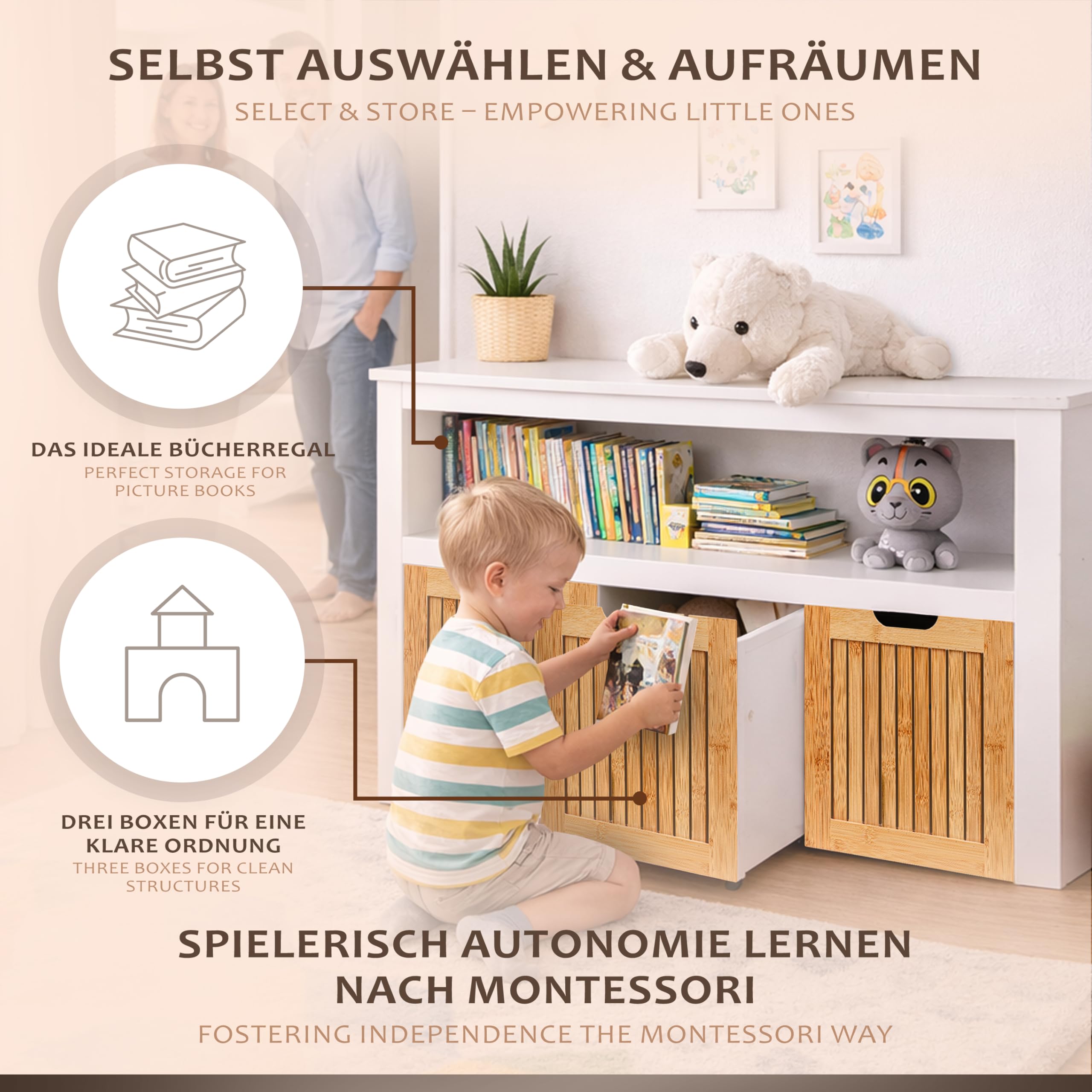 ONVAYA Sideboard mit Rollboxen - Praktisches Kinder Bücherregal und Kuscheltier Aufbewahrung - Modernes Spielzeugregal inkl. 3 Aufbewahrungsboxen - Durchdachtes Kinderregal als Spielzeug Organizer