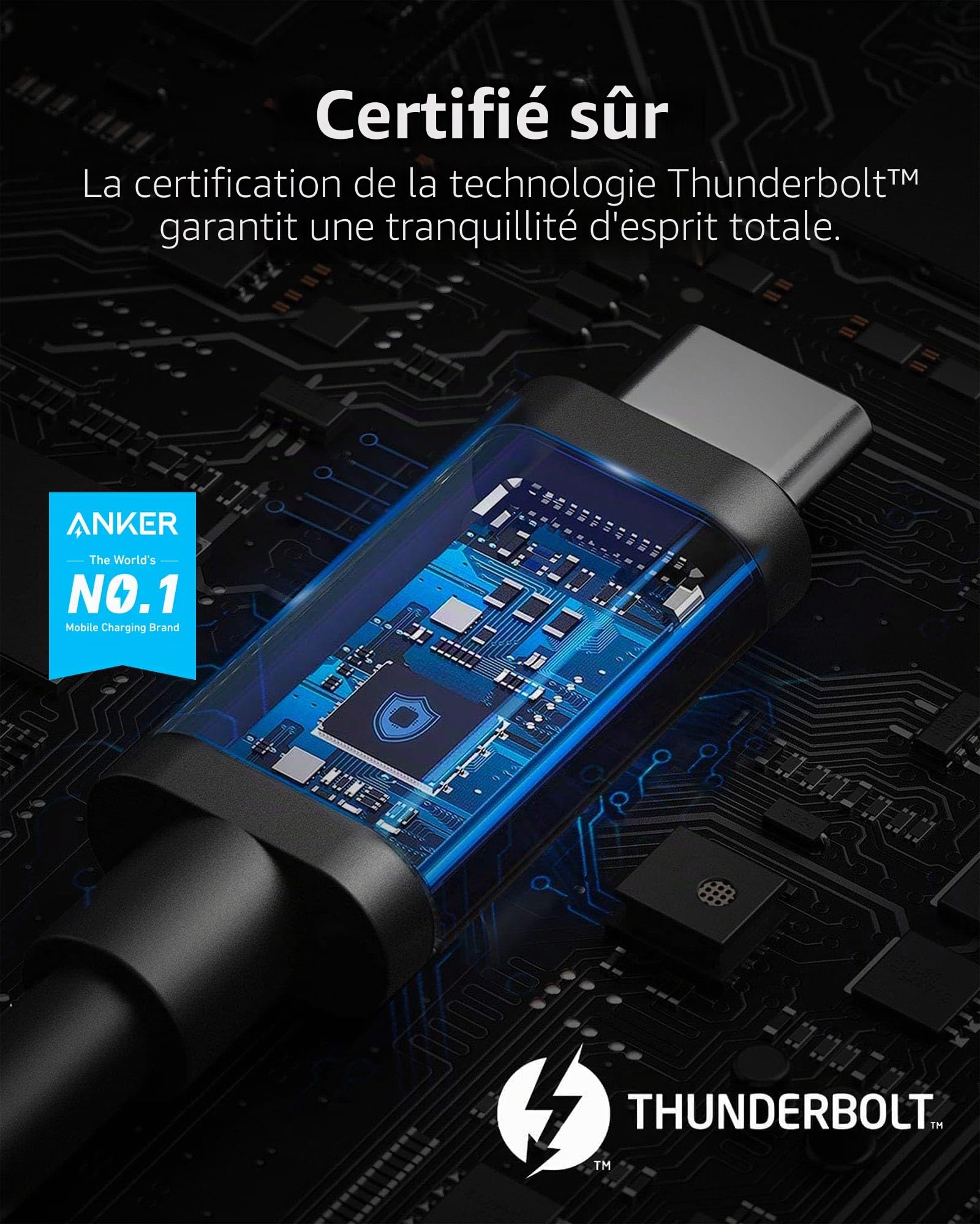 Anker Câble Thunderbolt 4, 100W USB-C vers USB-C, Affichage 8K/Transfert de Données 40 Gbit/s, iPhone 16/15/14, MacBook, iPad Pro, concentrateur, station d'accueil Type-C(0,7m)