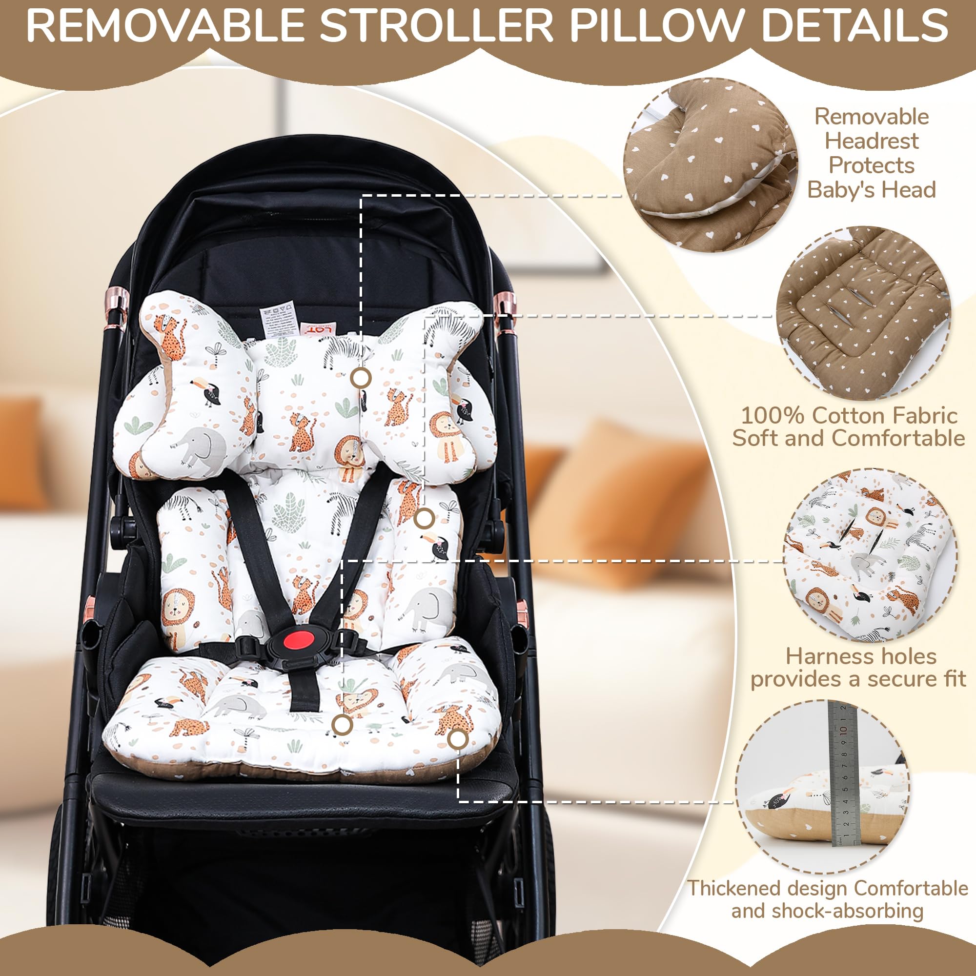 LAT Coussin Poussette Universelle, Réversible Coussin de Siège pour Poussette, Respirant Matelas Poussette Universelle, Reducteur Siege Auto Bebe Universel avec Appuie-tête Amovible (Animaux)