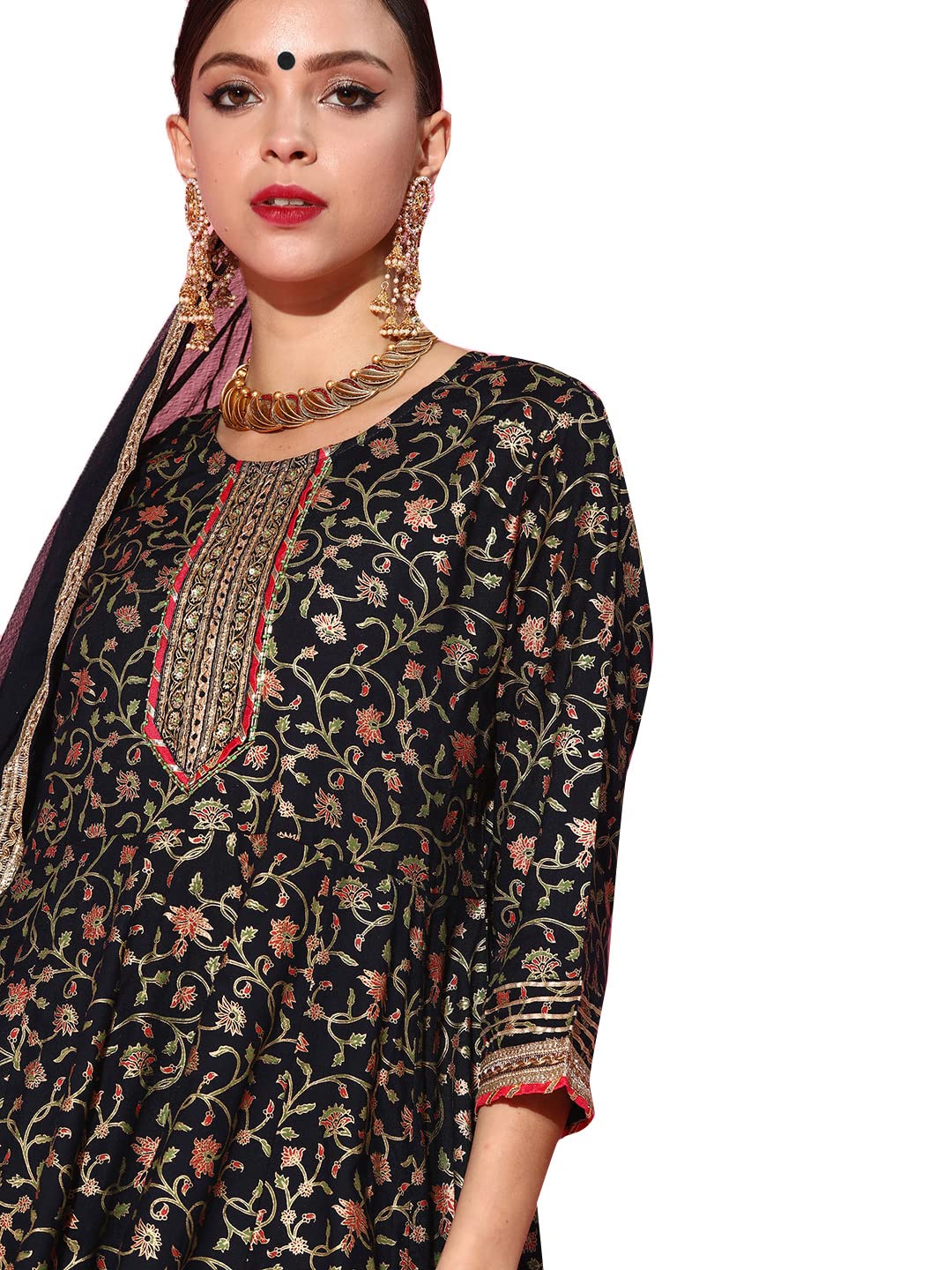 Ishin Women's Cotton Anarkali Embroidered Kurta Suit Set With Dupatta & Sharara Kpldsrd-19063_M_Navy Blue