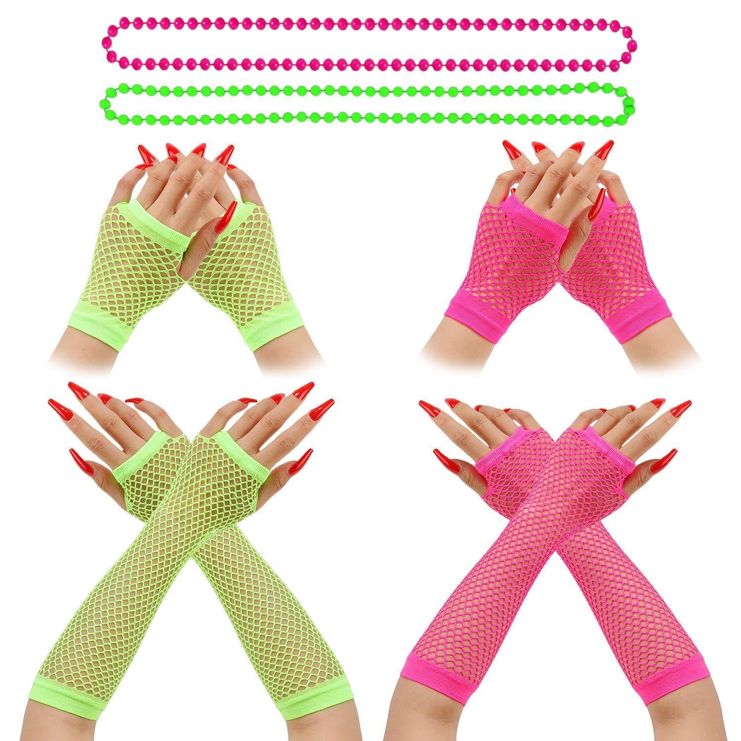 MXGHWG 4 Pairs Of Fishnet Fingerless Gloves, 2 Beaded Necklaces, 80S Prom Decoration Sleeves, Retro Party Necklaces, Role-Playing Accessories.