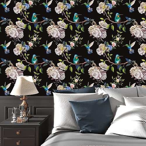 Skyblur Papel tapiz vintage negro floral de 17.5 x 315 pulgadas, despegar y pegar, papel tapiz extraíble bohemio para paredes, rosas oscuras,
