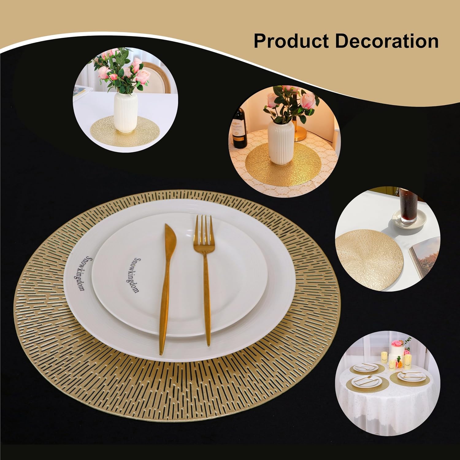 Snowkingdom Gold Placemats Set of 18, 15 Inch Round Vinyl Metallic Place mats, Golden Washable Easy Clean Wipeable Non Slip Stain Resistant Kitchen Dining Table Mats for Halloween Party Decoration