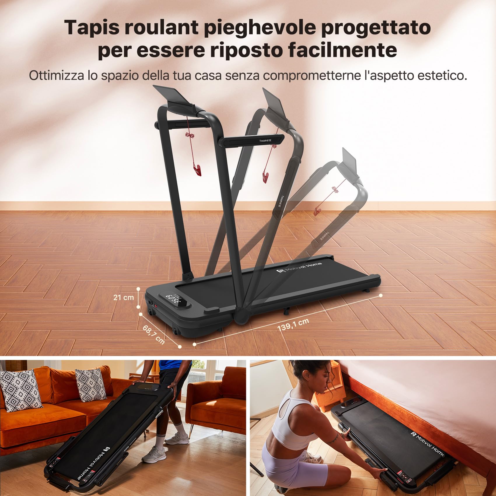 Mobvoi Home Treadmill SE Tapis Roulant AI Intelligente Elettrico 1-12km/h Pieghevole 3 in 1 Tappetino da Passeggio Portatile Compatto da 2,5 HP con Display LED Telecomando TicSports APP 120 kg