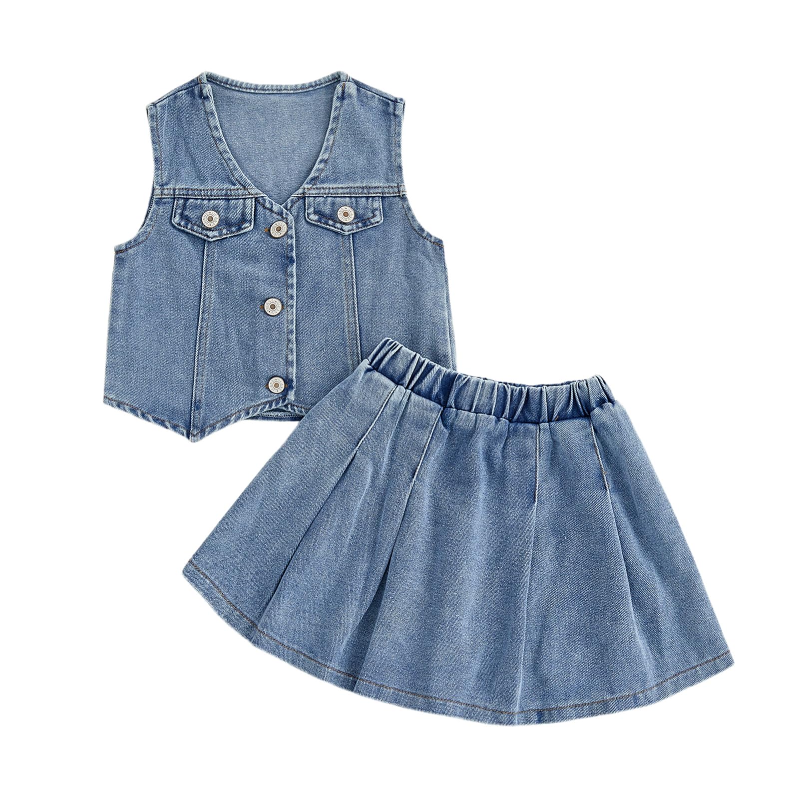 Kid Toddler Girls Denim Outfit Solid Color Button Down Vest Tops and Pleated Skirts Set 2Pcs Summer Clothes