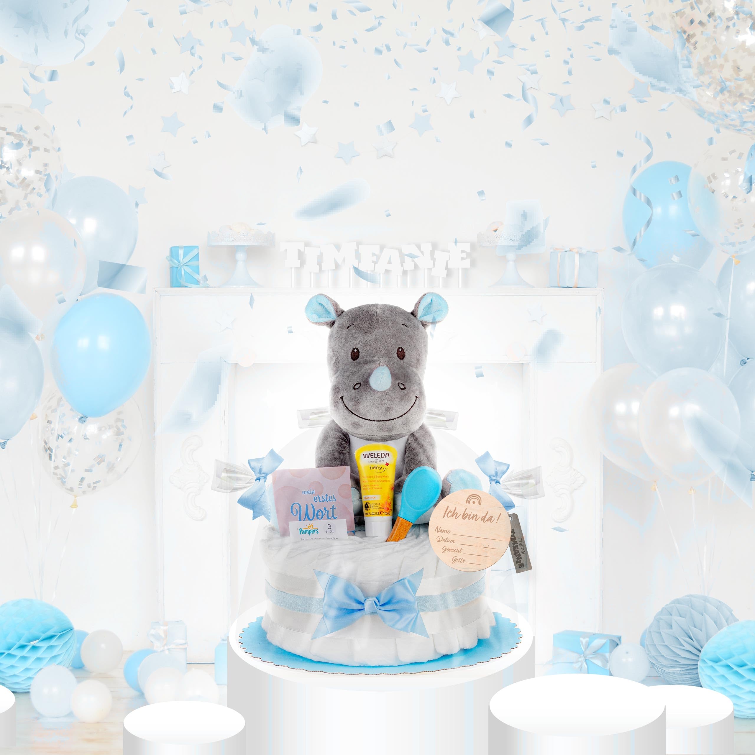 Windeltorte | Kuschel Nashorn | blau | 0-8 Monate