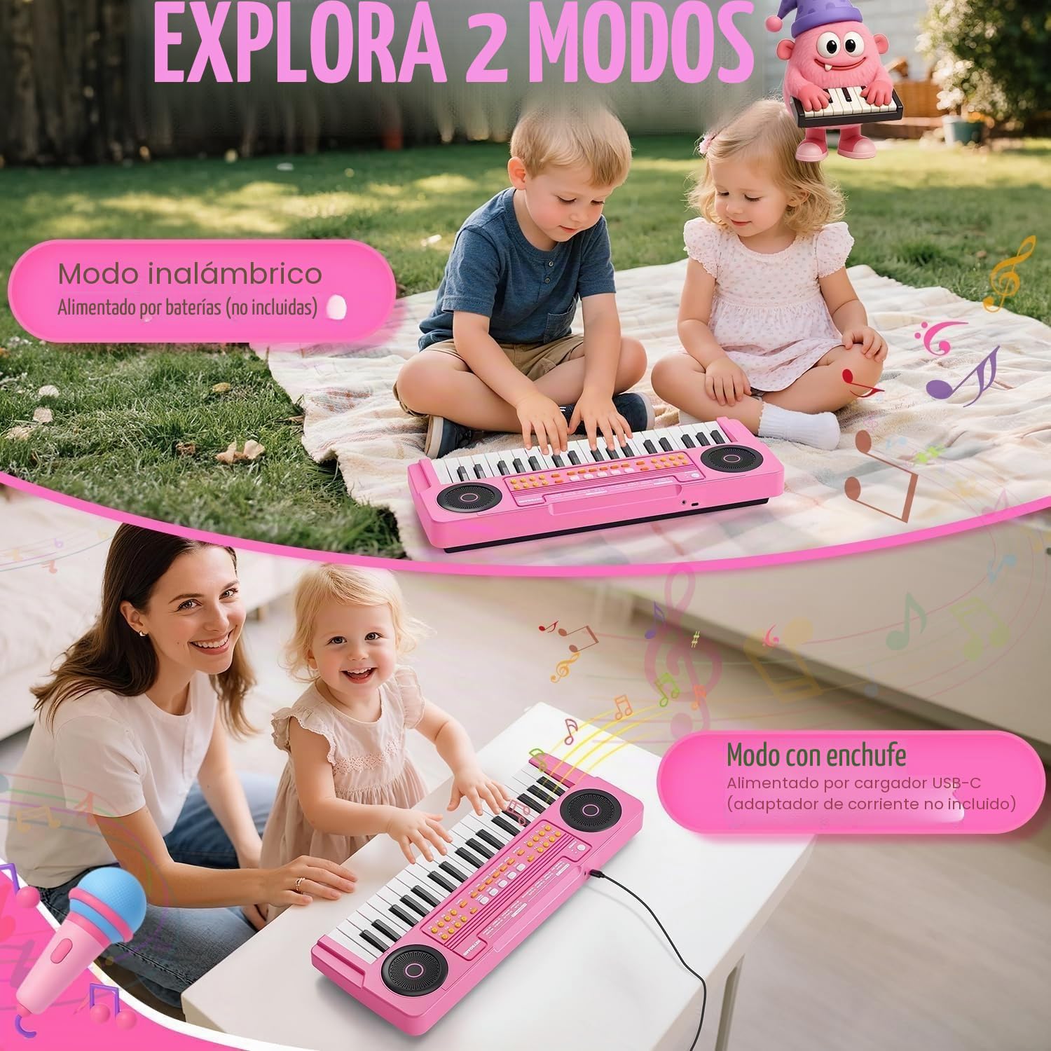 Teclado Piano Musical Educativo para Niños Piano Infantil Portátil 37 Teclas con Micrófono Juguetes Musicales Regalo para Niños y Niñas de 3 4 5 6 7 Años Rosa