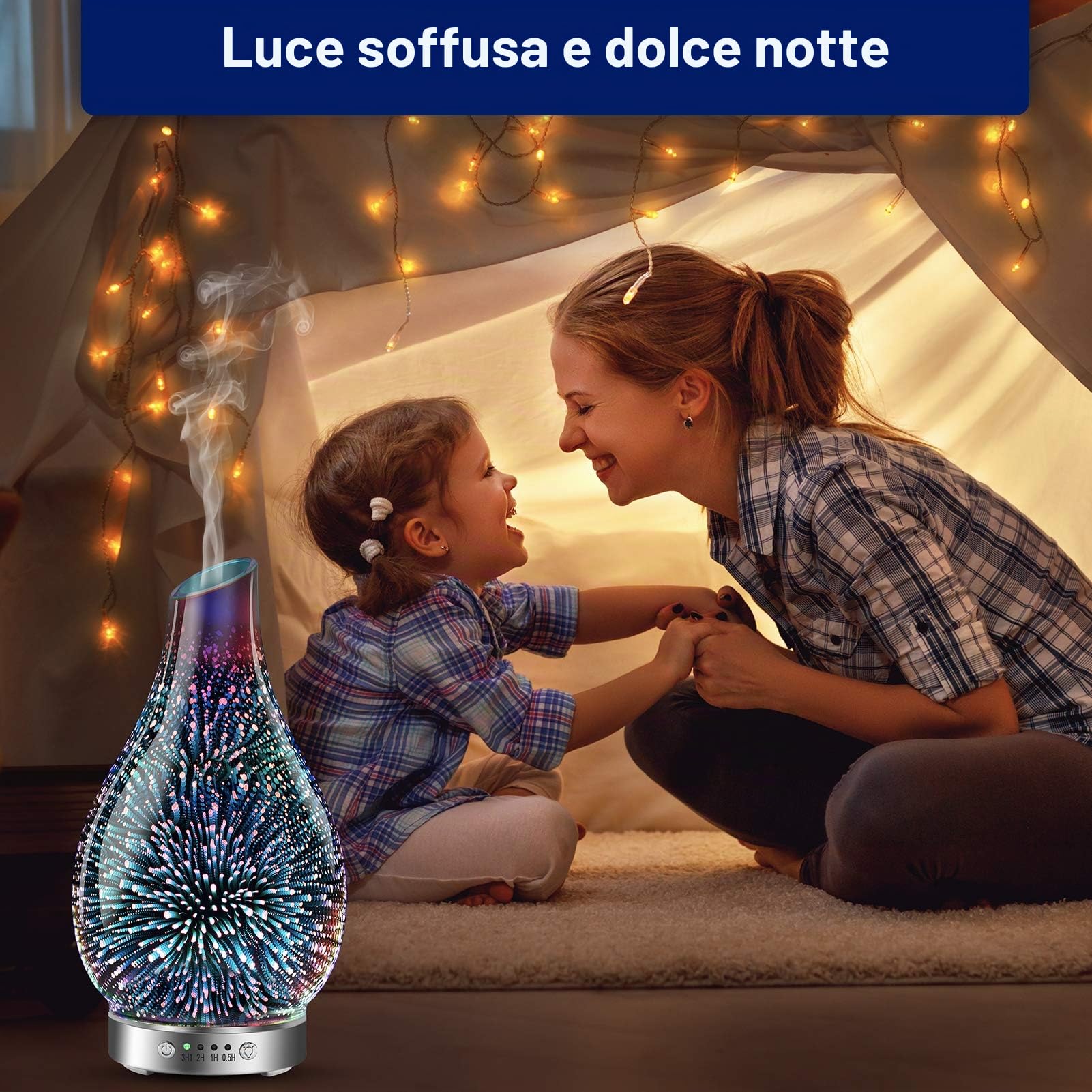 MAXWINER Diffusore di oli essenziali a ultrasuoni in vetro 3D per aromaterapia, spegnimento automatico, impostazione timer, luci LED in 7 colori che cambiano, per casa, ufficio, spa, 120 ml