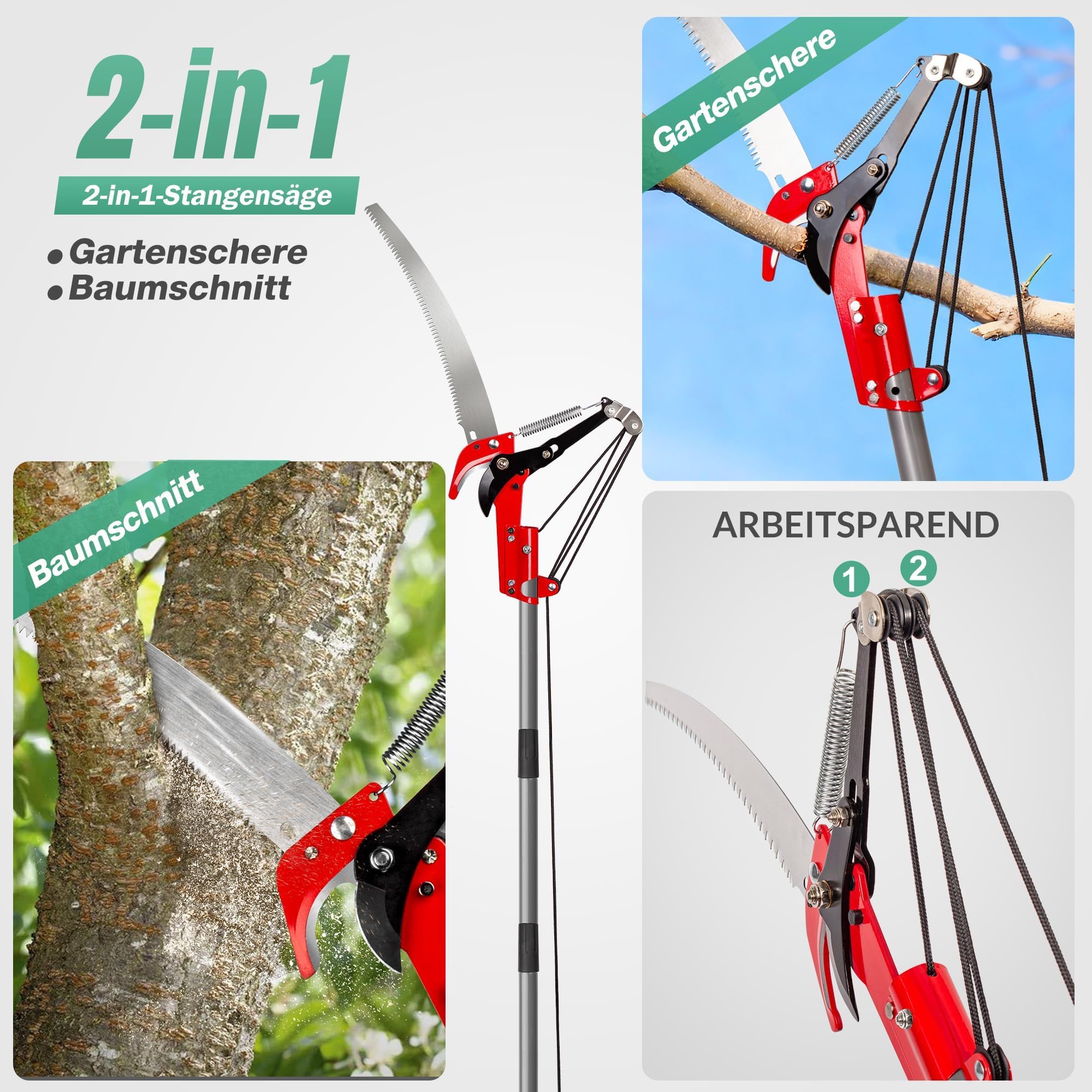 Walensee Teleskop-Baumschere 2-in-1 mit Astsäge, 3 M ausziehbare Stange, Baumschneider mit Stahlklinge und Astschneider, leichte, hochfeste Griffe für einfache Garten- und Baumpflege, Rot