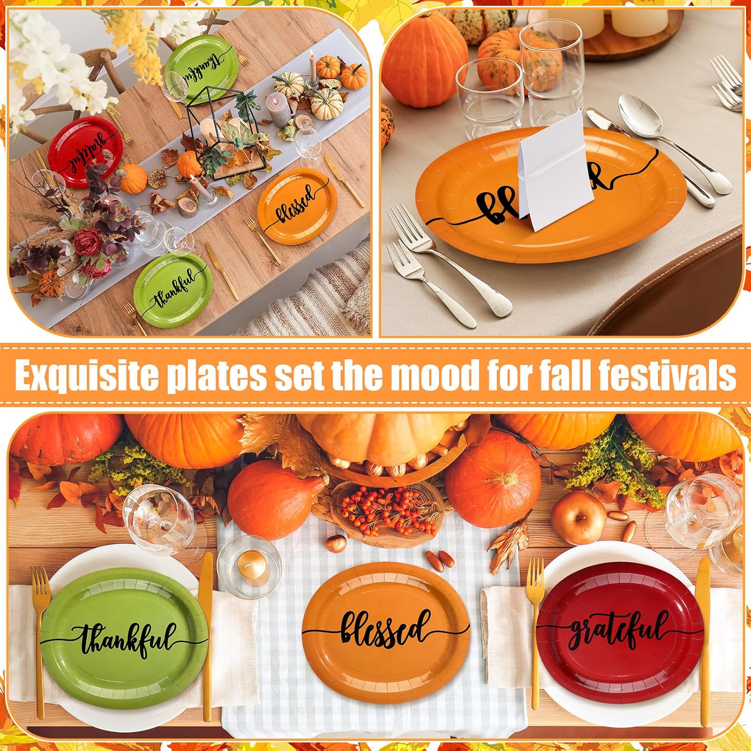 48 Pcs Thanksgiving Plates 12 Inch Thanksgiving Oval Paper Plates Thankful Grateful Disposable Fall Paper Supplies for Fall Dinner Kitchen Party Supplies Decoration