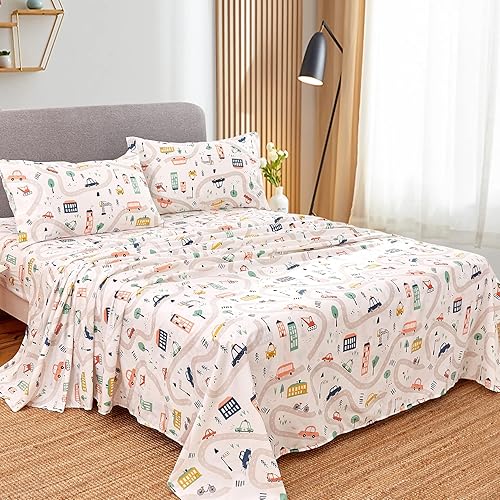 Miniatura 2 de JSD Juego de sábanas impresas para niños, tamaño matrimonial, 4 piezas, sábanas de microfibra suave, bolsillo profundo