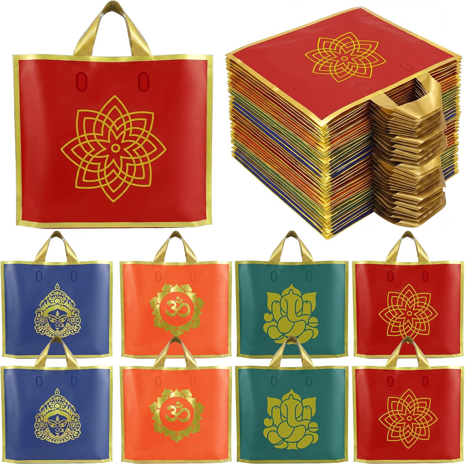 Sabary 48 Pack Pooja Return Gifts Bags Indian Return Gift Bags Matte Finish with Golden Trim for Diwali Lotus Shravana Lights Party Favors Puja Hindu Religious Traditional Indian Ceremony