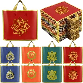 Sabary 24 Pack Pooja Return Gifts Bags Indian Return Gift Bags Matte Finish with Golden Trim for Varalakshmi Vrata Diwali Lotus Shravana Lights Party Puja Hindu Religious Traditional Indian Ceremony