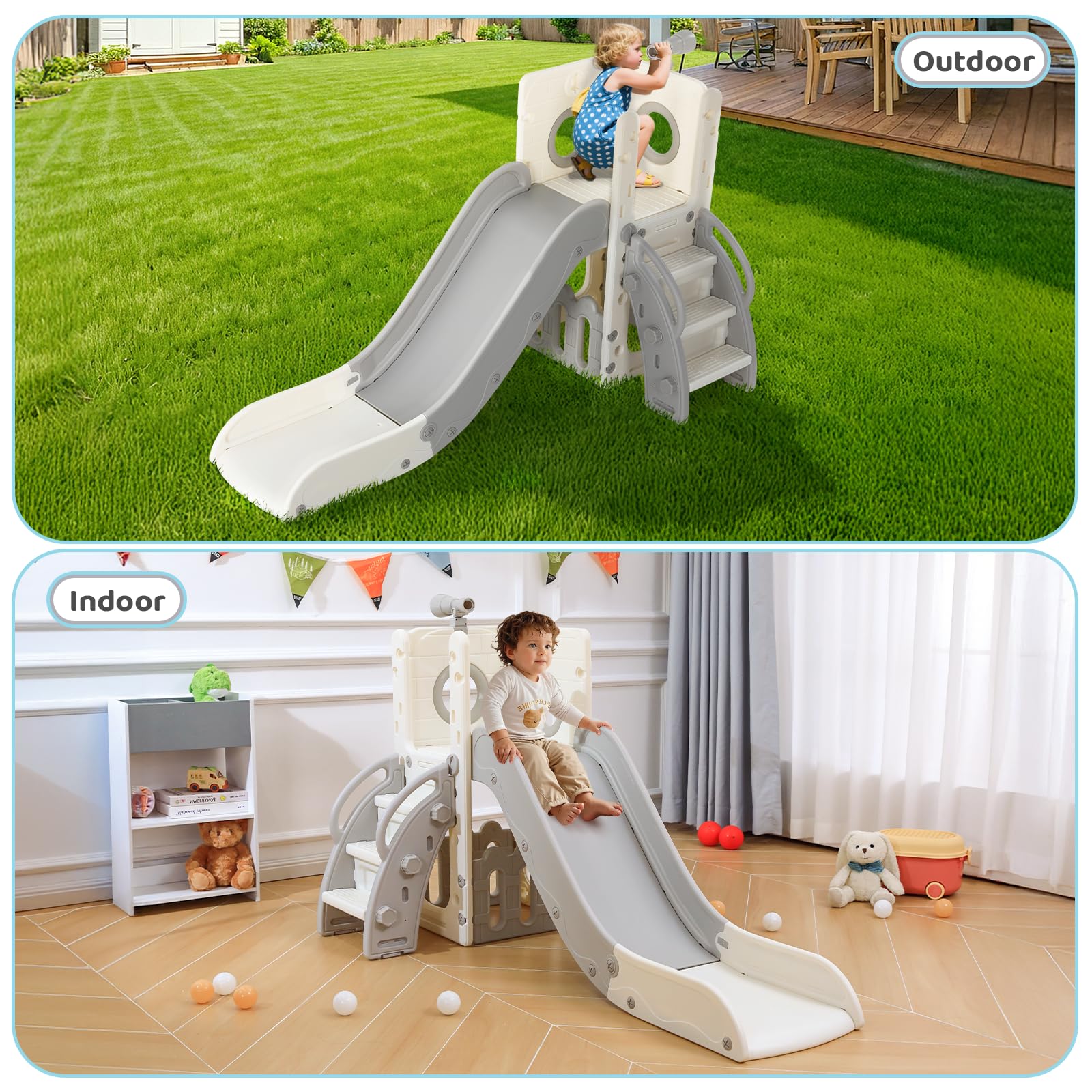 Kinderrutsche, Indoor & Outdoor Rutsche ab 1 Jahre, Freistehende Rutsche mit Stauraum & Spielteleskope, Gartenrutsche, Kinder Spielplatz, mit 2PCS Moduls, Grau Weiß