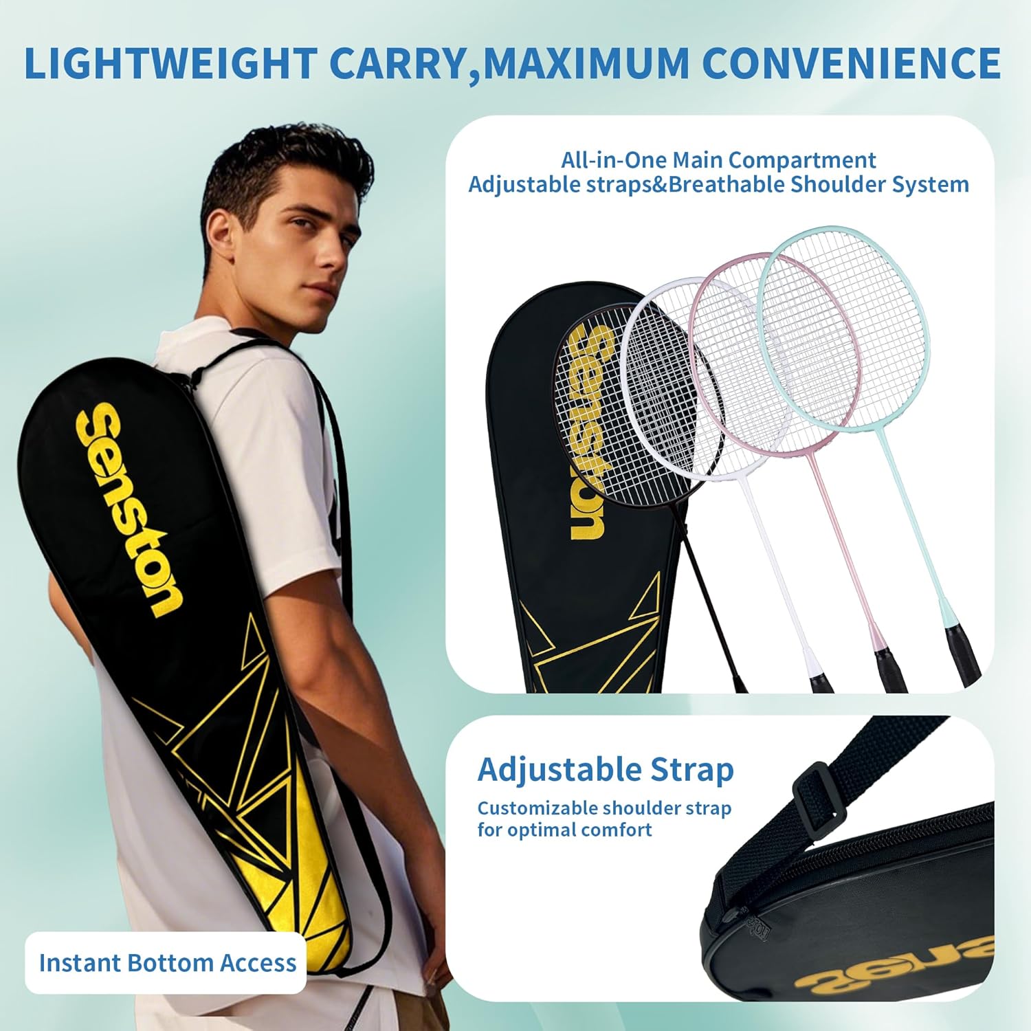 Senston Professional Badminton Rackets Set of 4 - Carbon Fiber, 6 Shuttlecocks, 4 Grips & Bag for Backyard Games | 90g Lightweight