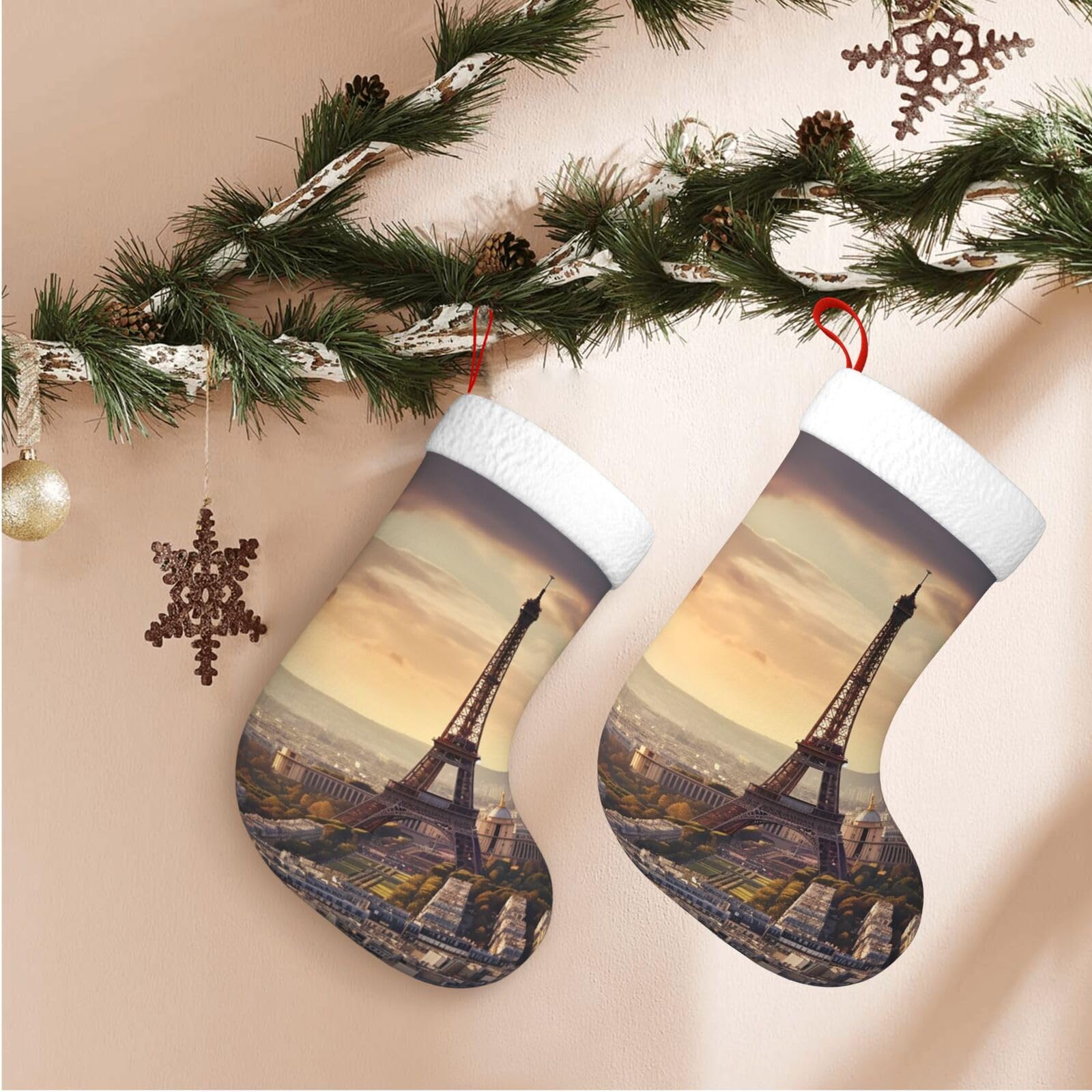 Eiffel Tower and City Christmas Stockings Velvet Xmas Fireplace Hanging Stocking with Plush Cuff Rustic Christmas Santa Stockings for Home Christmas Decorations Party Favor Supplies
