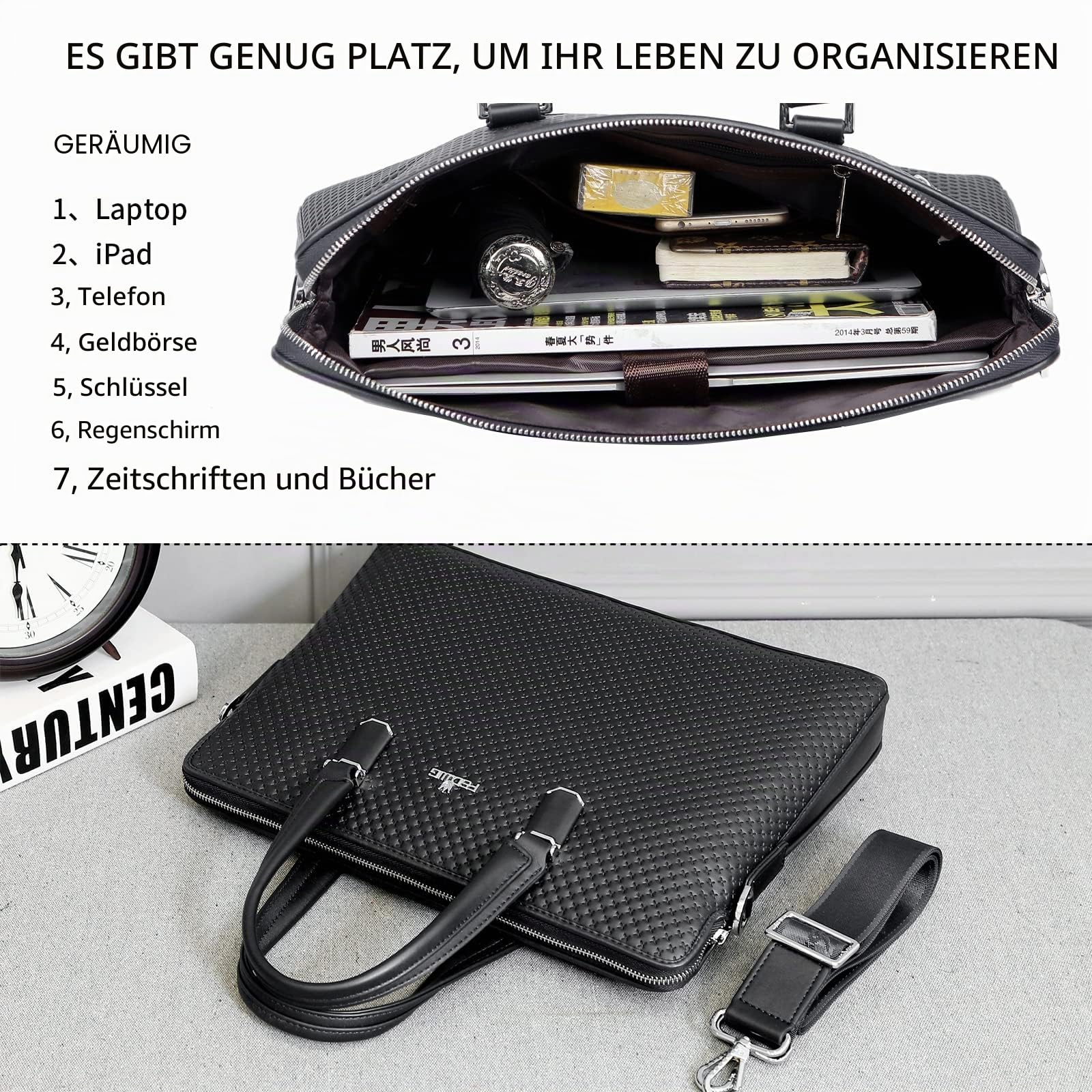 FSD.WG Herren Business Tasche,Wasserdichte Leder Aktentasche,Schulter Laptop Business Tasche für Business,Schule,Reisen,Abnehmbar
