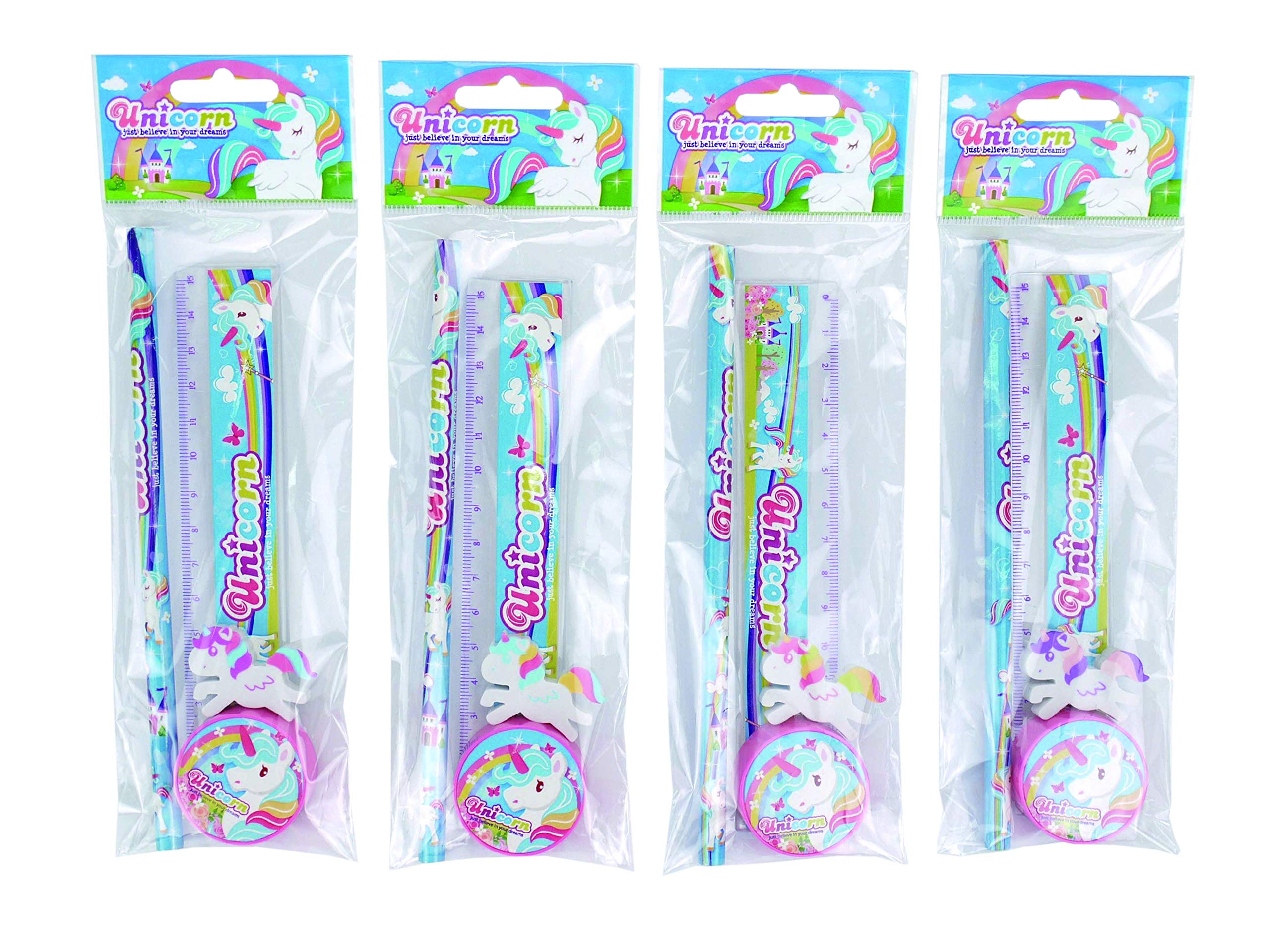Set Papelería Infantil Unicornio 4 pcs (Precio por 1 Set)- Estuches de Regalo Infantiles Niños, Niñas para Recuerdos Comuniones y Cumpleaños