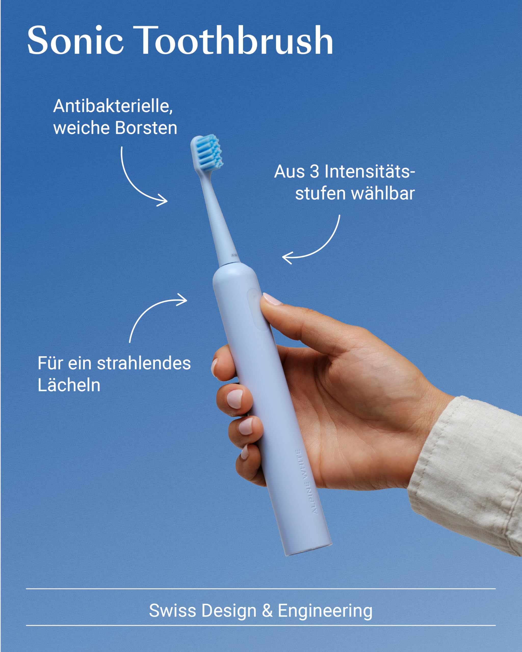 ALPINE WHITE Sonic Toothbrush - Innovative Schallzahnbürste mit bis zu 40'000 Schwingungen pro Minute - Elektrische Zahnbürste mit 3 Intensitätsstufen