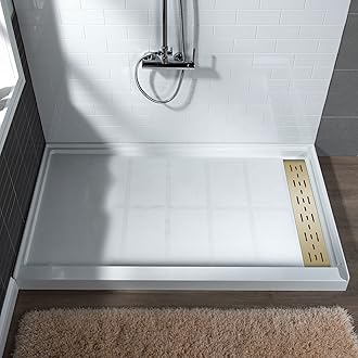 WOODBRIDGE 60"L x 34" W x 4"H Shower Base,Right Drain,Non-Slip Single Threshold Shower Pan, Solid Surface with Brushed Gold Linear Drain Cover