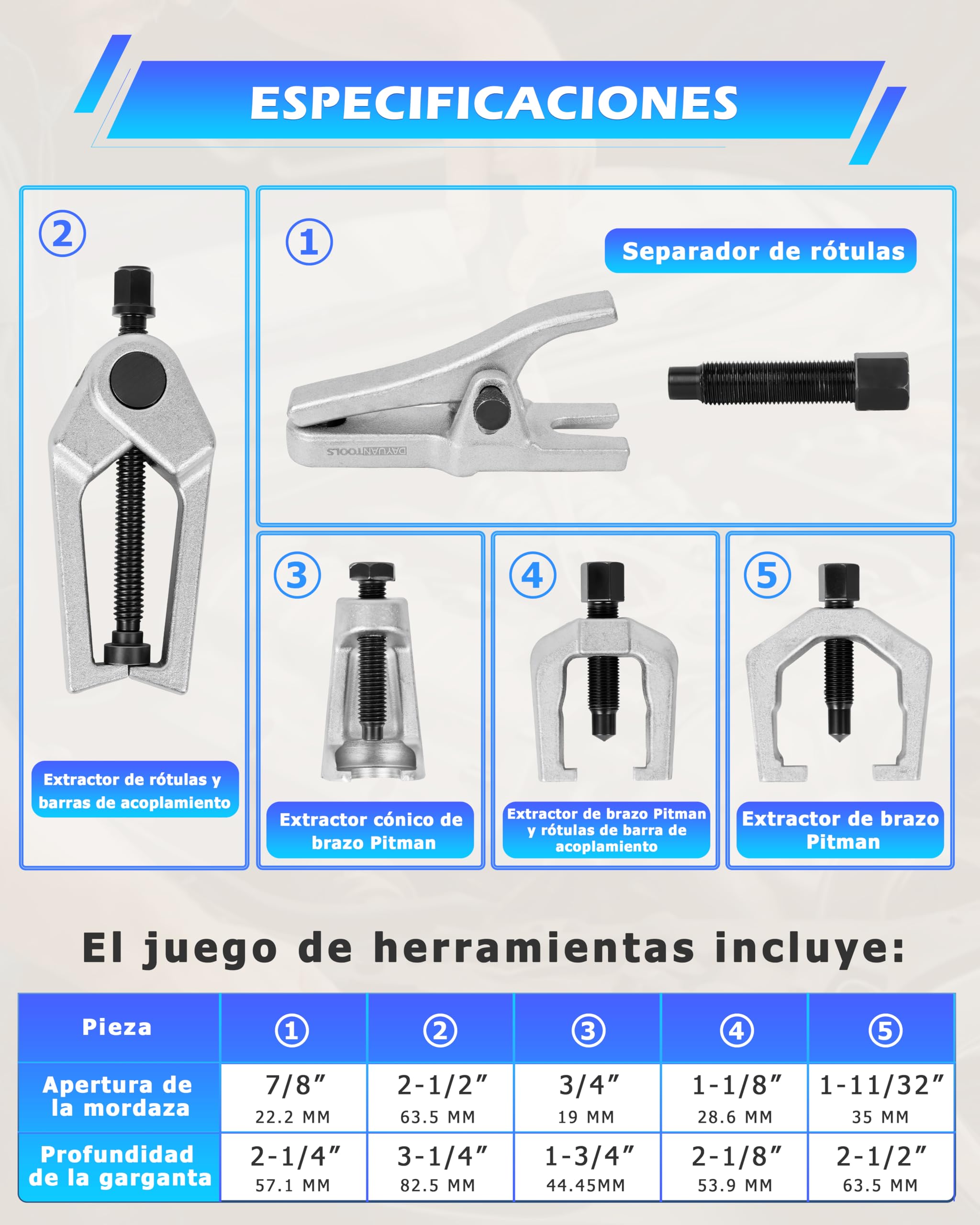 DAYUAN Juego de herramientas para auto que incluye extractor de rótulas, articulación esférica, extractor de cabeza de barra de acoplamiento, 5 piezas