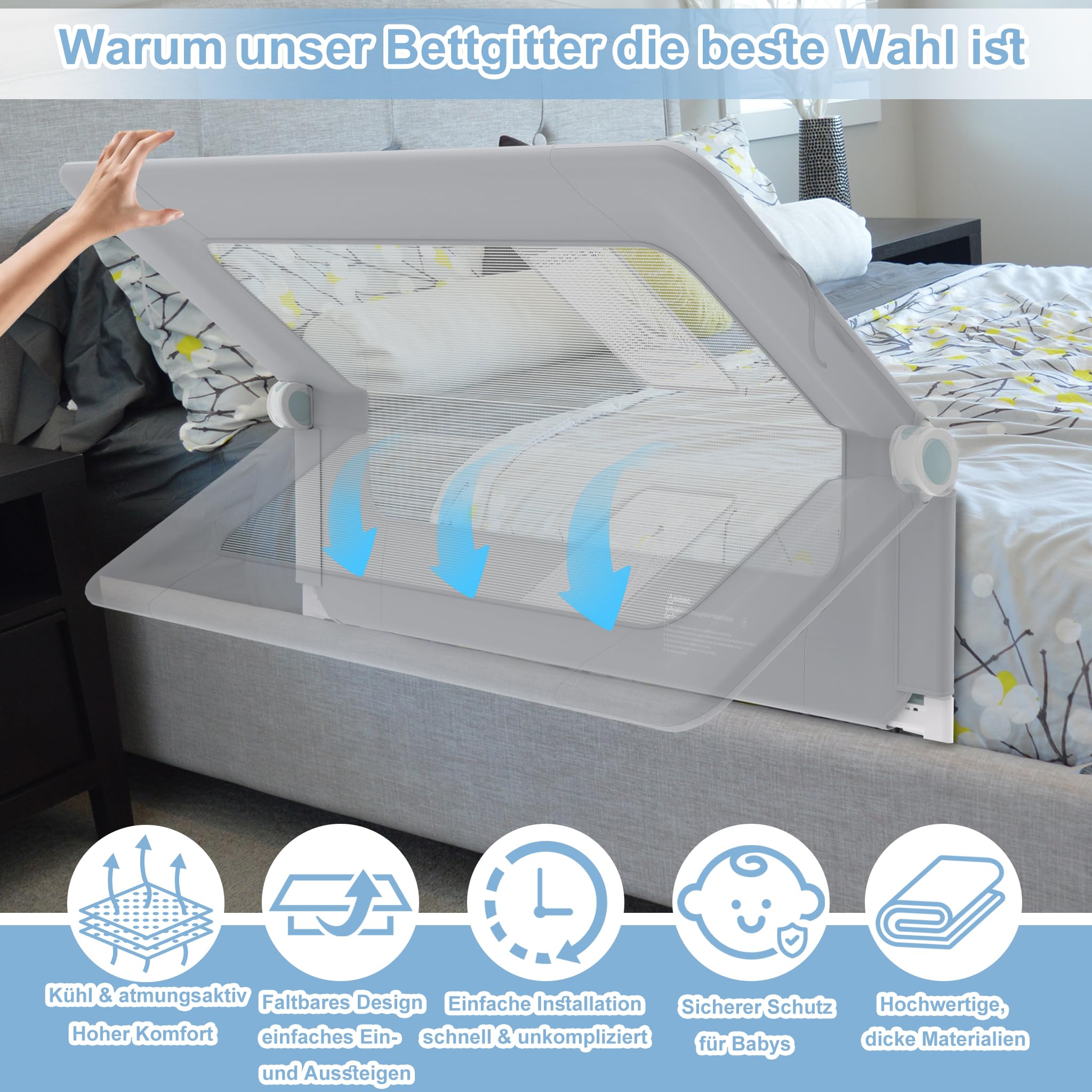 YRHome Griglia di protezione per letto da 150 cm, pieghevole, girevole a 180 gradi, per bambini, rete ariosa, regolabile in altezza, per lettino, letto dei genitori (grigio)