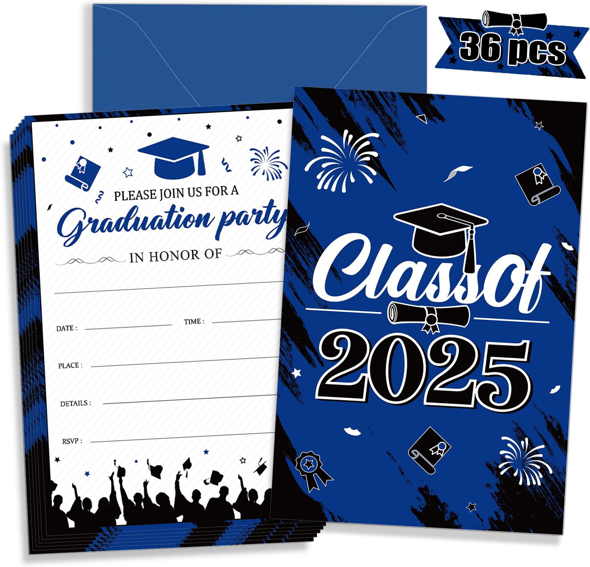 Erweicet Graduation Party Invitations 36 PCS Blue Black Invite Cards with Envelopes Announcement Card for Class of 2025 College University Grad Celebration