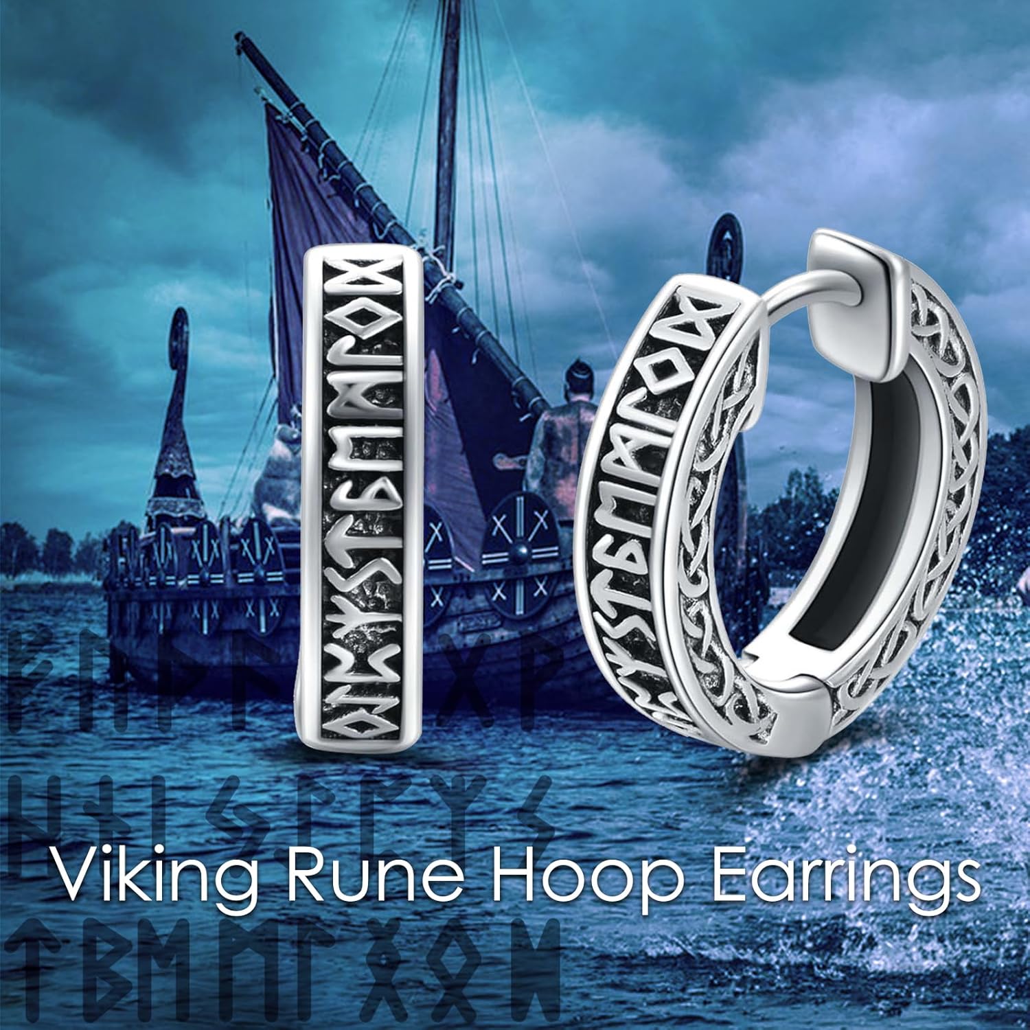 Viking Rune Hoop Earrings 925 Sterling Silver Carving Earrings Black Vintage Round/Triangle Earrings for Men Women Norse Vikings Stuff Amulet