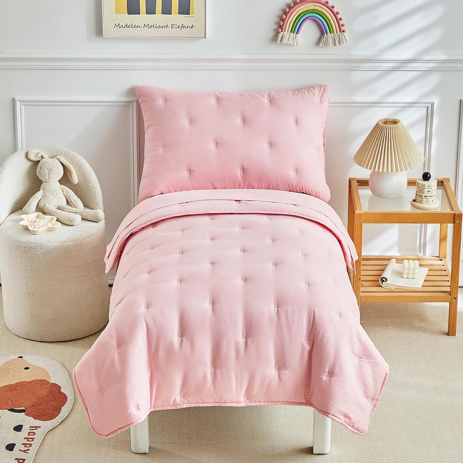 DuShow Green 4 Piece Toddler Bedding Set for Boys Girls,Embroidery Microfiber Crib Bed Sheets Set Soft Boho Comforter Set Bed in a Bag,Include Quilted Comforter,Flat Sheet,Fitted Sheet,Pillowcase