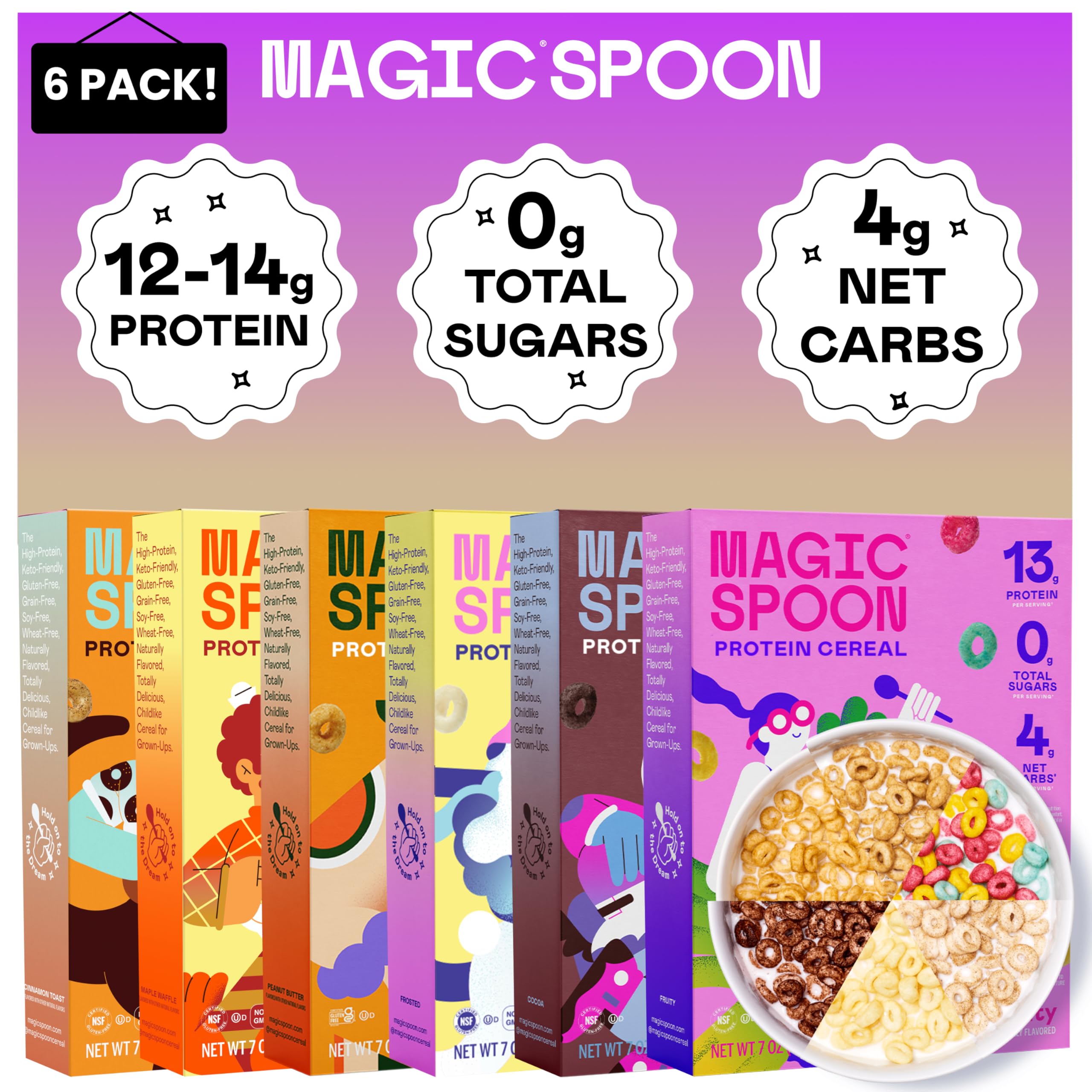 Magic Spoon Cereal - High Protein Cereals - Sugar Free Snacks & Breakfast Food - Grain & Gluten Free Cereal - Low Carb & Keto Friendly - 4 Pack: Fruity, Cocoa, Chocolate Chip Cookie, Maple Waffle