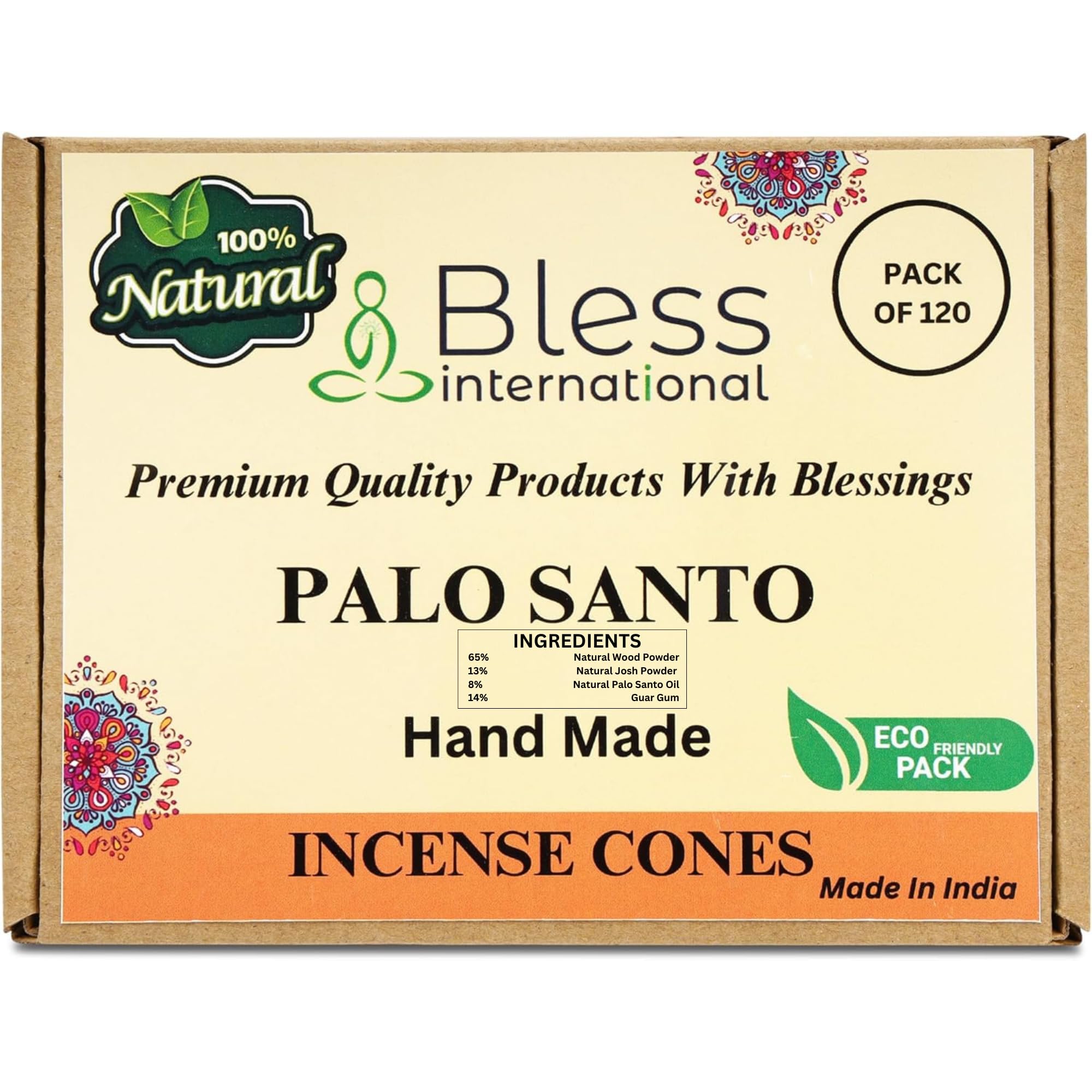 Bless International Palo Santo - Conos de incienso 100% natural, hechos a mano, orgánicos, sin químicos, para purificación, relajación, positividad, yoga, meditación, los mejores aromas (120 unidades)