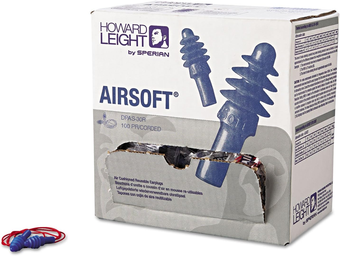 Howard Leight by Honeywell DPAS30R Airsoft Flanged Reusable Earplugs with Red Polycord, 100-Pairs (DPAS-30R),Blue