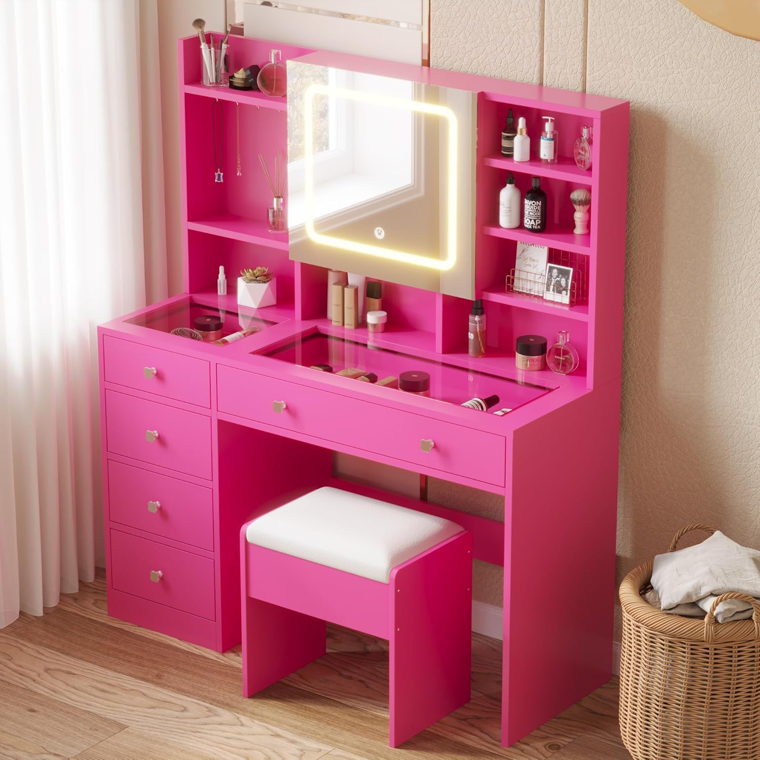 VINGLI 47'' Vanity Desk with Mirror and Lights, White Makeup Vanity with 5 Drawers and Hidden Storage Shelves, Dressing Table with Vanity Chair for Bedroom, Dressing Room