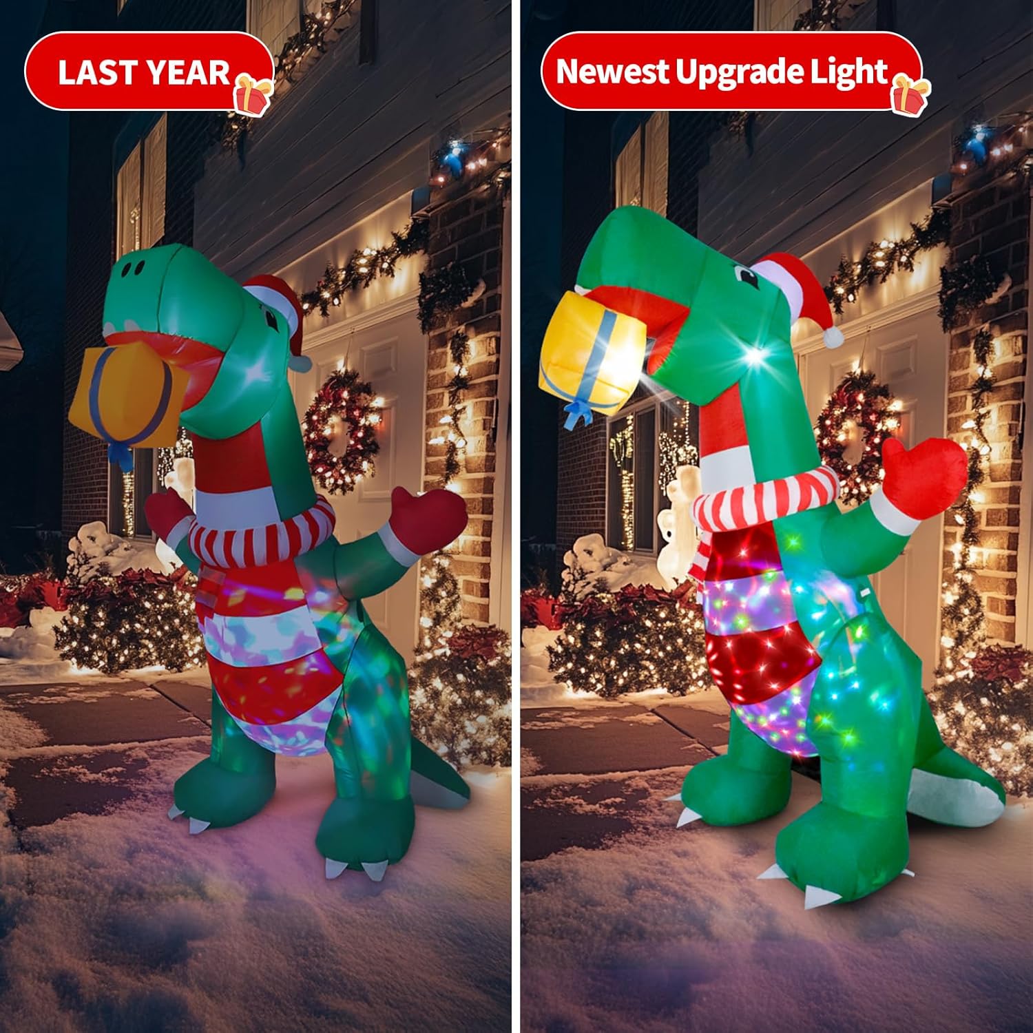 Dawdix 8FT Dinosaur Christmas Inflatable Outdoor Decoration, Large Blow Up Dino with Christmas Hat & Gift Box Built-in 360°Rotating Light, Holiday Inflatables Décor for Yard Garden Patio Outside