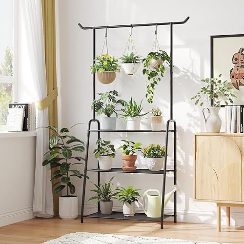 Miniatura 5 de Soporte para plantas para interiores y exteriores, soportes de metal para múltiples plantas, estante colgante de 3 niveles de alto, soporte de