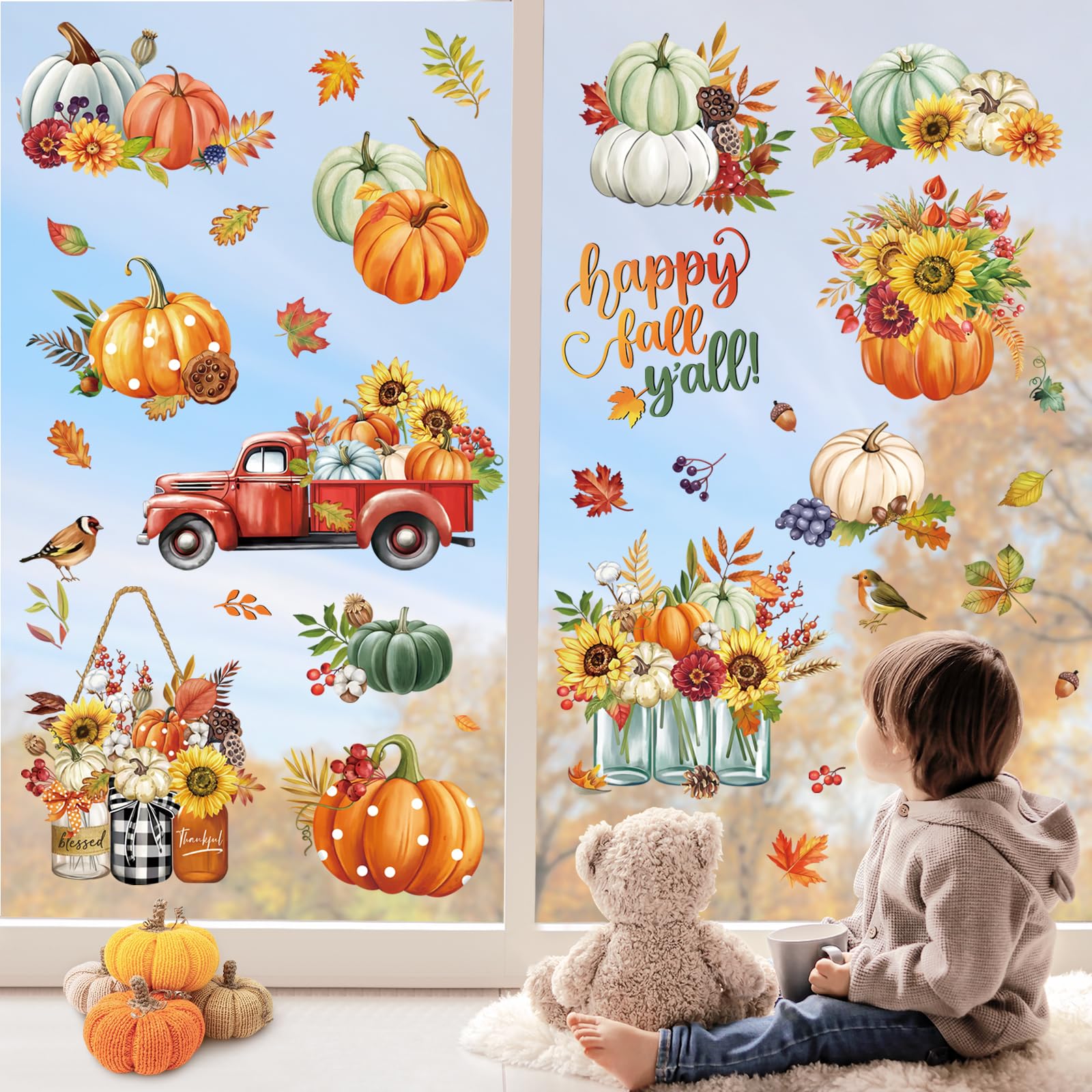 wondever Fall Pumpkin Red Truck Window Clings Thanksgiving Autumn Harvest Dogs Turkey Maple Leaves Glass Sticker Decal Anti Collision Double-Side Static Window Stickers for Home Glass wondever Fall Pumpkin Red Truck Window Clings Thanksgiving Autumn Harvest Dogs Turkey Maple Leaves Glass Sticker Decal Anti Collision Double-Side Static Window Stickers for Home Glass