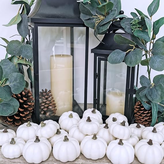 Winlyn 24 Pcs Harvest White Mini Artificial Baby Boo Pumpkins Rustic Decorative Pumpkins Foam Pumpkins for Fall Autumn Halloween Thanksgiving Table Centerpiece Wreath Decor Bowl Fillers DIY Projects