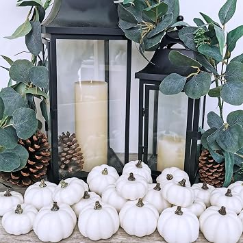 Winlyn 24 Pcs Harvest White Mini Artificial Baby Boo Pumpkins Rustic Decorative Pumpkins Foam Pumpkins for Fall Autumn Halloween Thanksgiving Table Centerpiece Wreath Decor Bowl Fillers DIY Projects