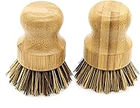 Vista 7 de AUEAR, Cepillo de bambú natural para fregar platos, cepillos de limpieza para ollas, cerdas de coco para sartenes de hierro fundido (paquete de 4)